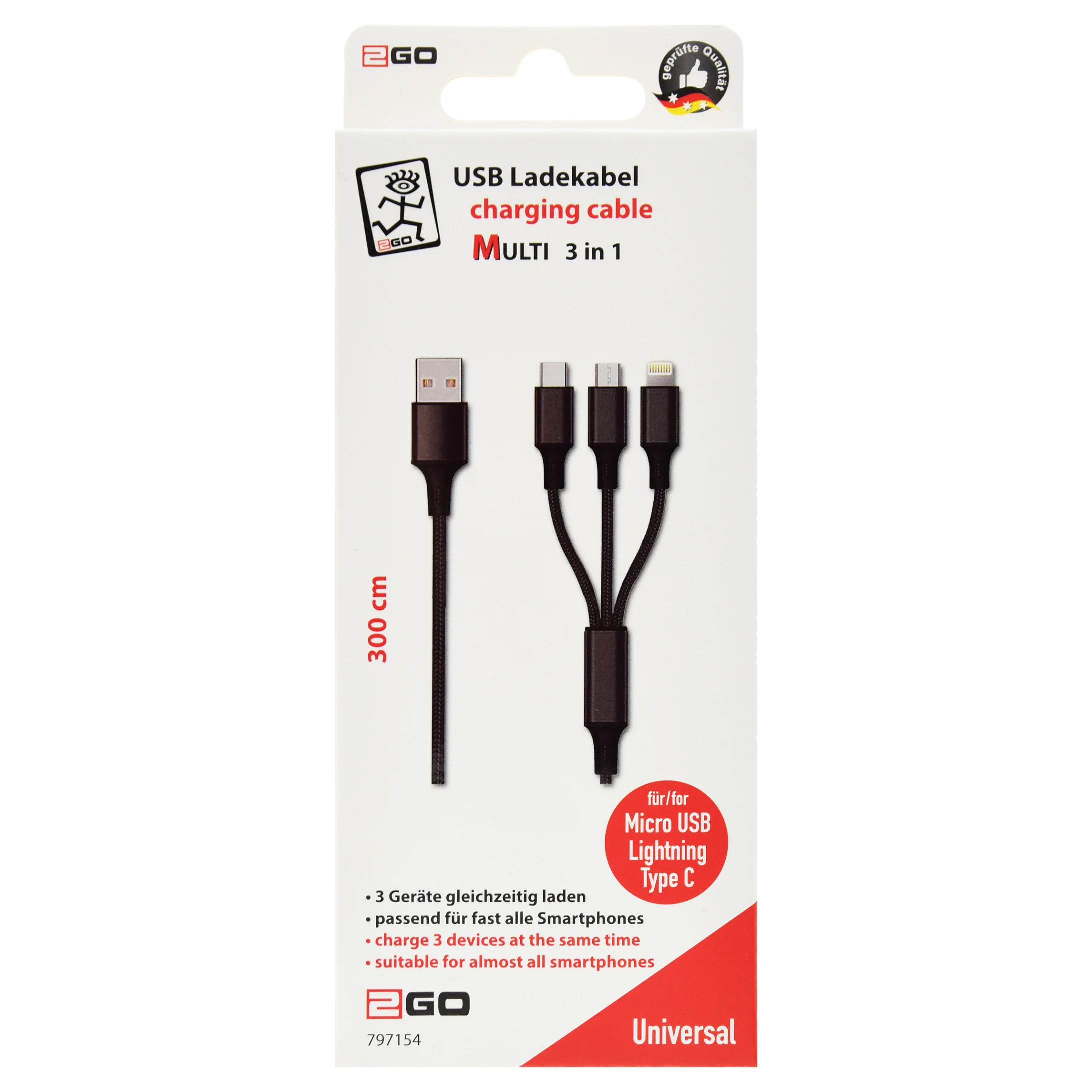 2GO 3in1 USB Ladekabel Micro USB Lightn  USB C Nylon 3m sw Notebook & Tablet Zubehoer