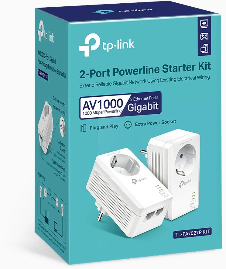 TP Link AV1000 2 Port Gigabit Powerline Adapter mit Steckdose Netzwerk-Adapter / Netzwerk-Karten