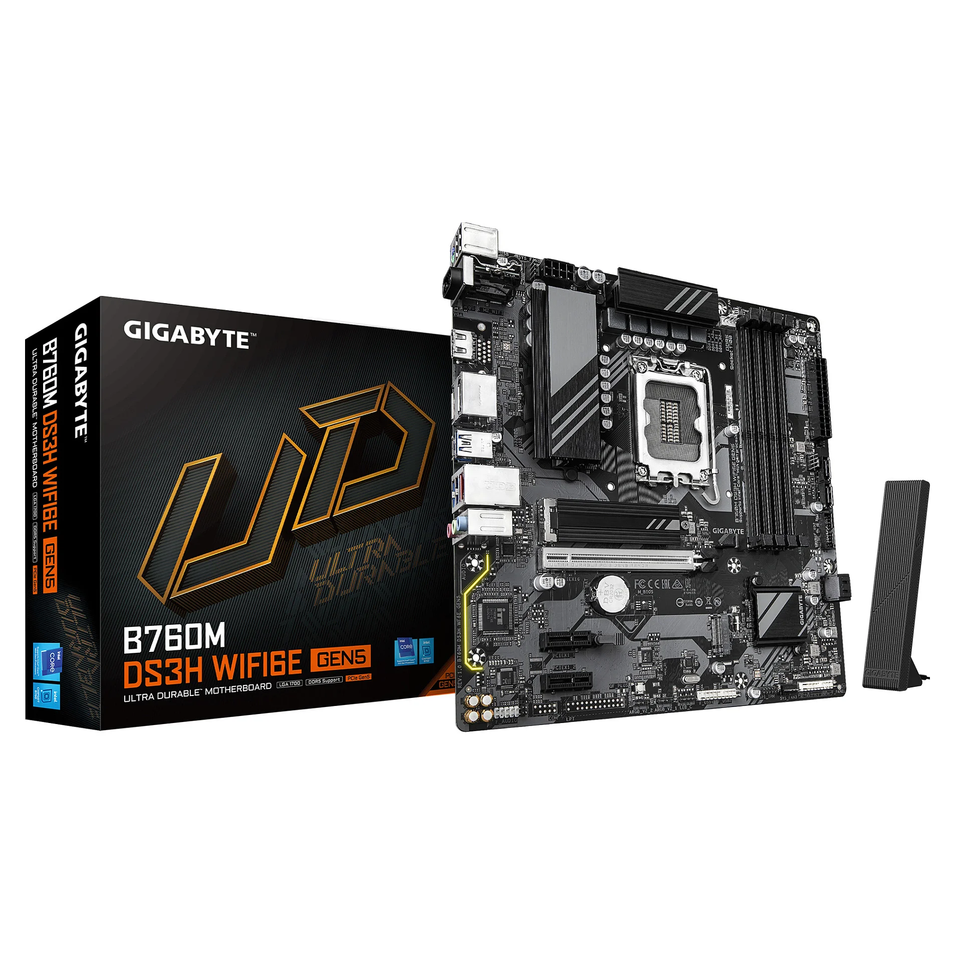 GIGABYTE B760M DS3H WIFI6E GEN5 Mainboard   Unterstuetzt Intel Core Prozessoren der 14  Generation  6 2 1 Phasen Digital VRM  bis zu 5600 MHz DDR5  2 x PCIe 4 0 M 2  Wi Fi 6E  2 5 GbE LAN  USB 3 2 Gen2 PC-Zubehoer