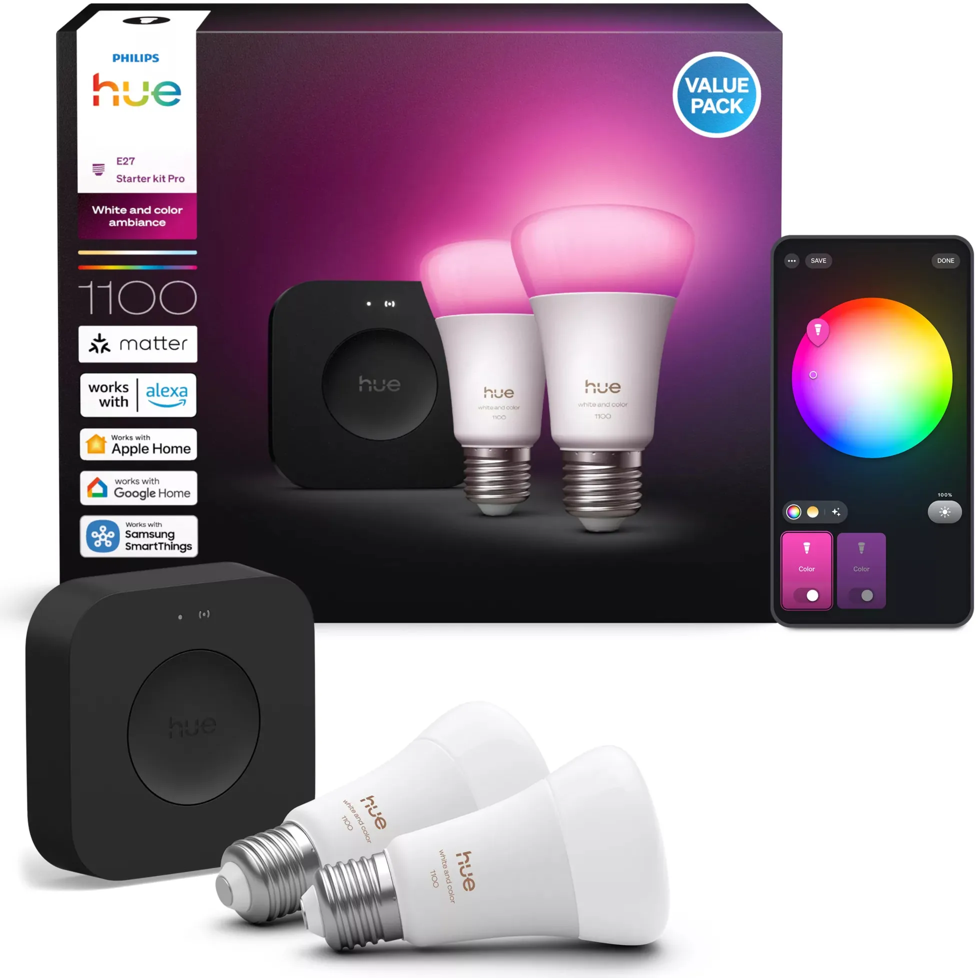 Philips Hue White and Color ambiance Starter Set  2 farbfaehige E27 Smart Lampen   Hue Bridge Pro Smart Home