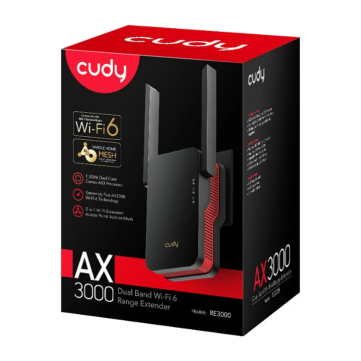Cudy RE3000 Netzwerk Erweiterungsmodul Netzwerk Repeater Schwarz Rot 10 100 1000 Mbit s