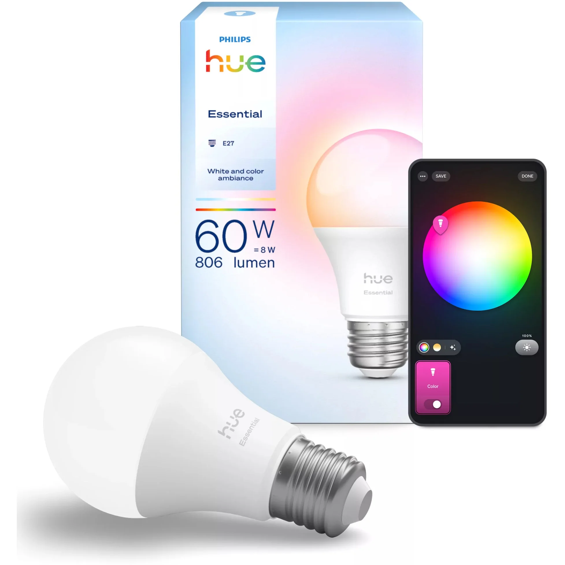 Philips Hue White and Color Ambiance A60 E27 Smarte LED Lampe 8W 806lm Farbwechsel Leuchtmittel