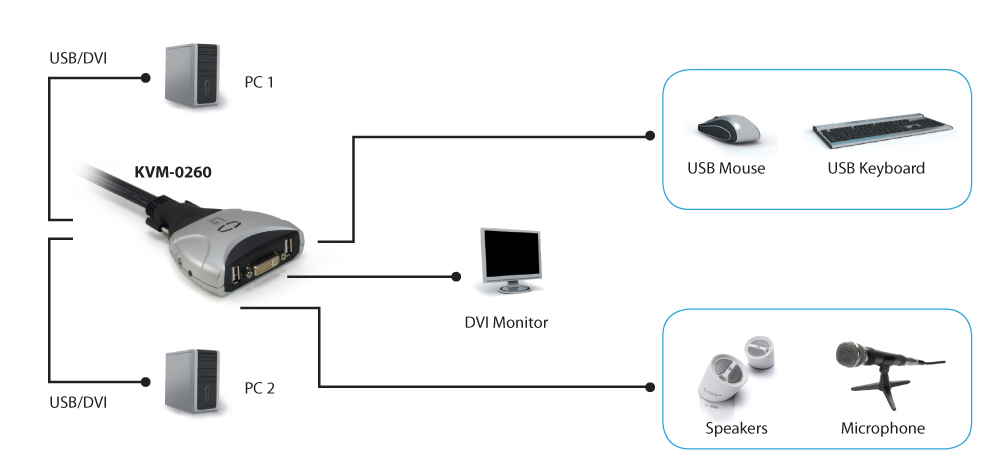 Level One KVM Switch 2x DVI USB KVM 0260 V2 mit Audio PC-Zubehoer