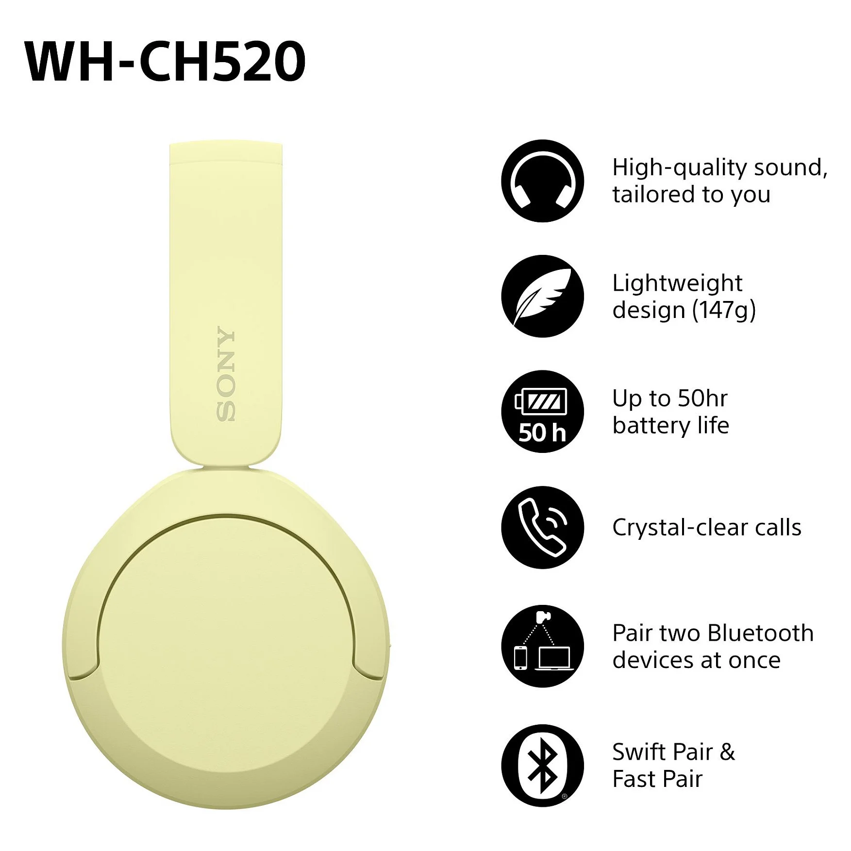 Sony WHCH520Y CE7 Kopfhoerer   Headset Kabellos Kopfband Anrufe Musik USB Typ C Bluetooth Gelb Over-Ear