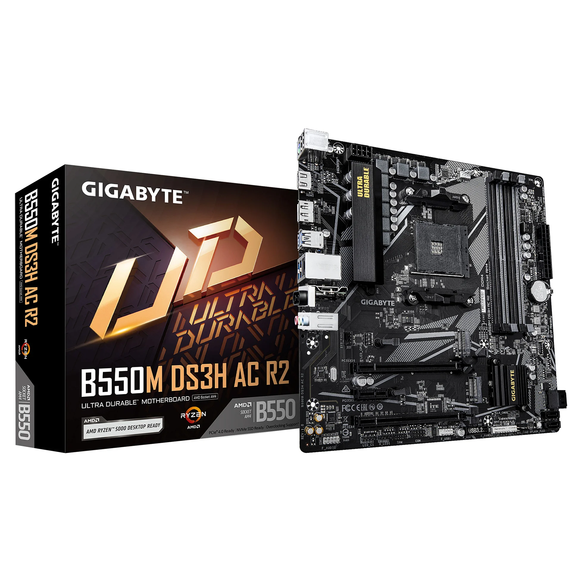 GIGABYTE B550M DS3H AC R2 Mainboard   AMD Ryzen 5000 Prozessoren  5 3 Phasen VRM  bis zu 4733 MHz DDR4  O C    1x PCIe 4 0   1x PCIe 3 0 M 2  Wi Fi 5  1 GbE LAN  USB 3 2 Gen 1 PC-Komponenten