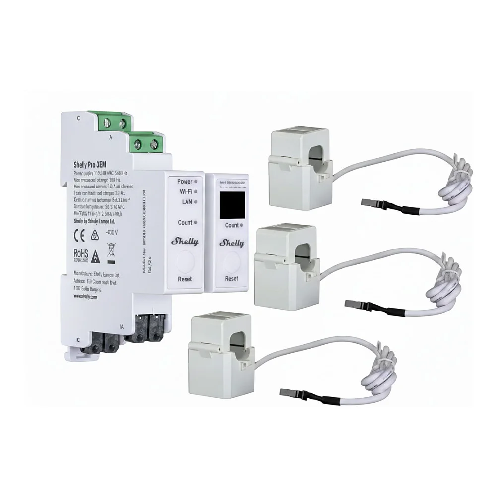 Shelly   Hutschiene   Pro 3EM 120A v2   Stromzaehler   inkl  3x 120A Klemmen   Messfunktion   WLAN   LAN   BT Smart Home