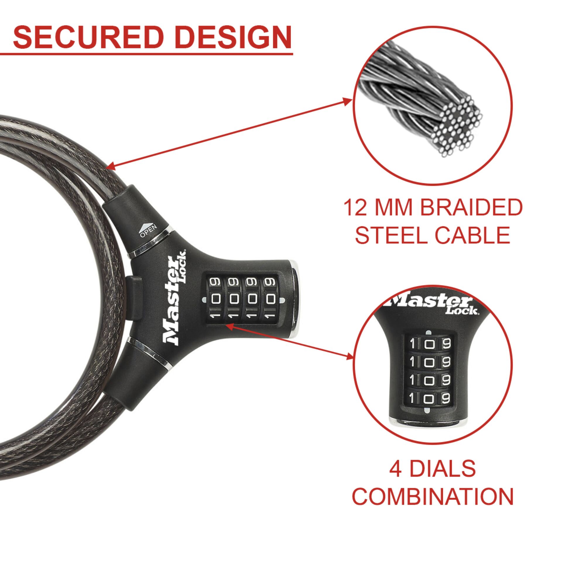 Master Lock Kabelschloss 12mm ergonomisches Design 8229EURDPRO Radsport