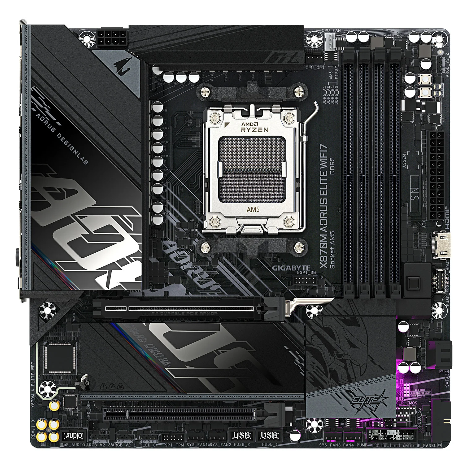 GIGABYTE X870M AORUS ELITE WIFI7 Mainboard   Unterstuetzt AMD Ryzen 9000 CPUs  digitale 14 2 2 Phasen VRM  bis zu 8200 MHz DDR5  OC   1 x PCIe 5 0   1 x PCIe 4 0  Wi Fi 7  2 5 GbE LAN  USB 4 PC-Komponenten