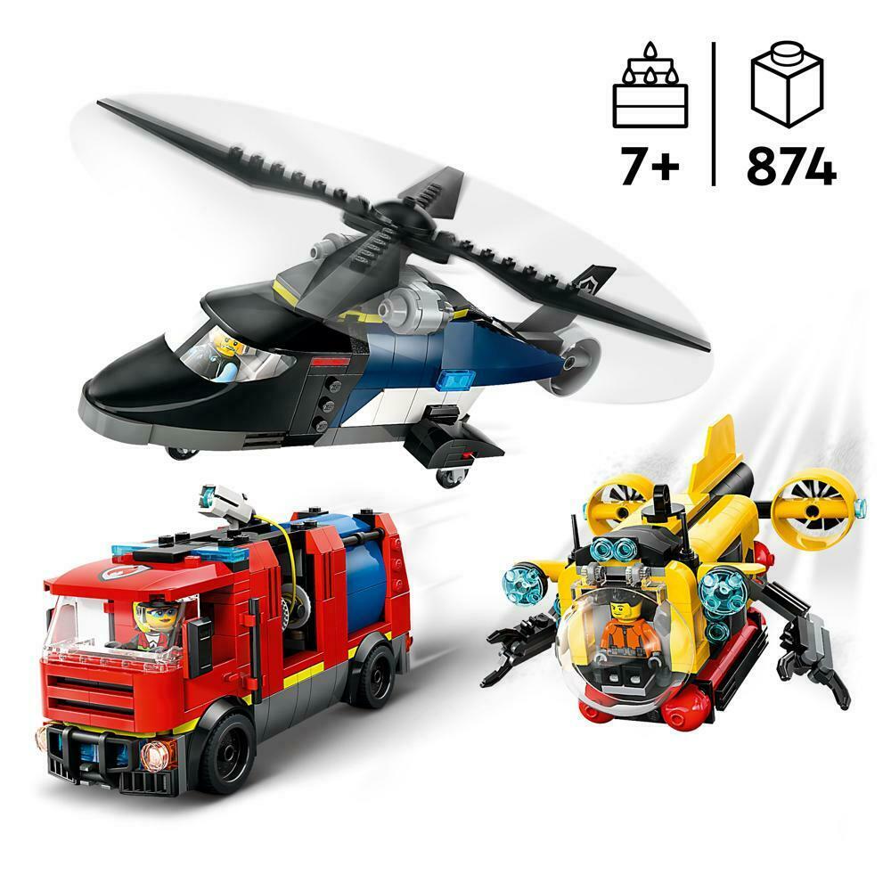 LEGO Bauspielzeug  Kombinationsset mit Hubschrauber  Loeschauto und U Boot City Wohnaccessoires