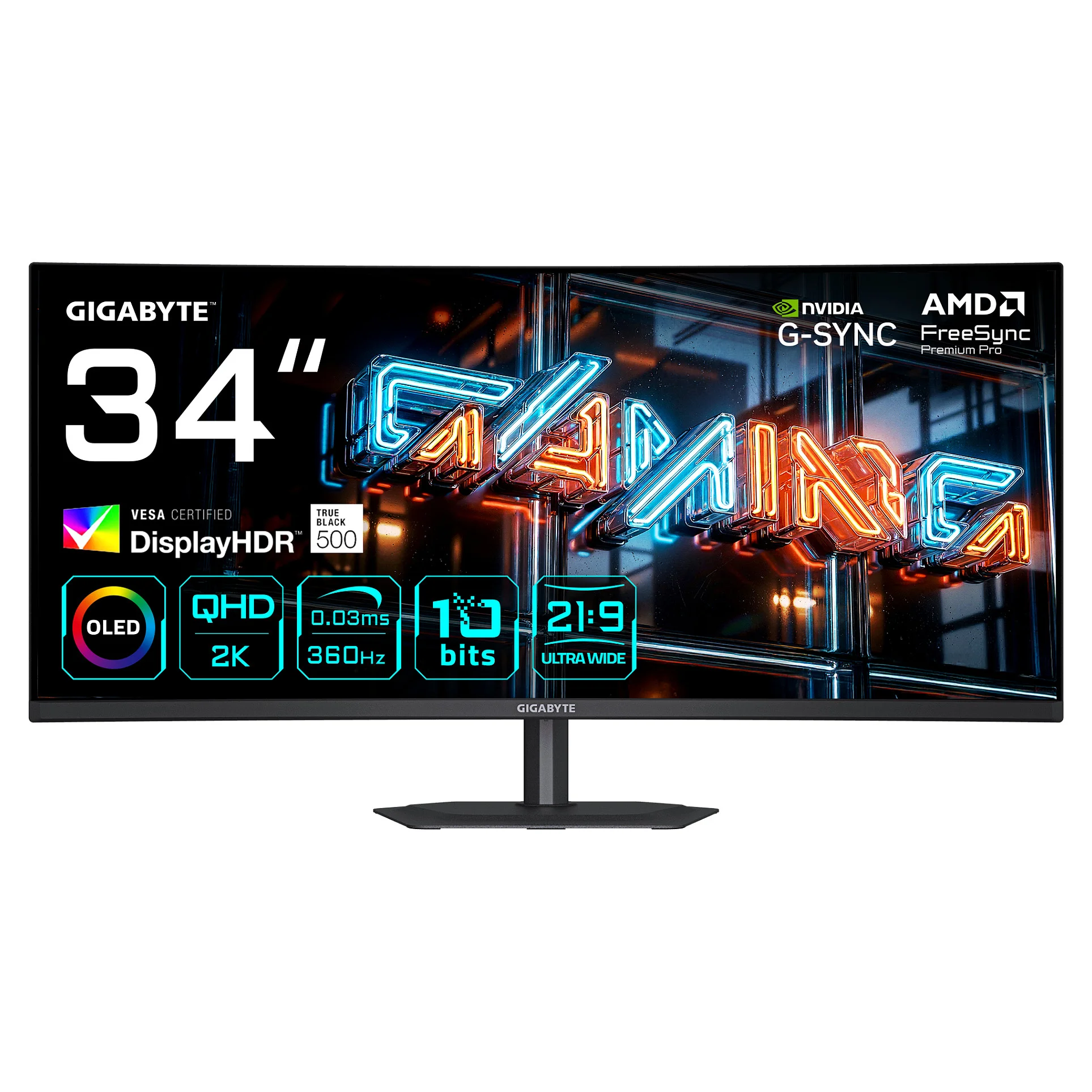 GIGABYTE MO34WQC36 34  WQHD Curved Gaming Monitor   3440 x 1440  360Hz  0 03ms  KVM  300 cd m   FreeSync Premium Pro  DisplayHDR True Black 500  HDMI 2 1  DisplayPort 2 1 Monitore