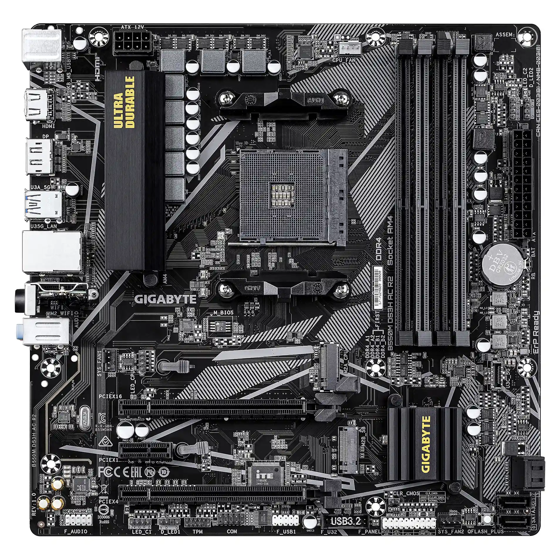 GIGABYTE B550M DS3H AC R2 Mainboard   AMD Ryzen 5000 Prozessoren  5 3 Phasen VRM  bis zu 4733 MHz DDR4  O C    1x PCIe 4 0   1x PCIe 3 0 M 2  Wi Fi 5  1 GbE LAN  USB 3 2 Gen 1 PC-Komponenten