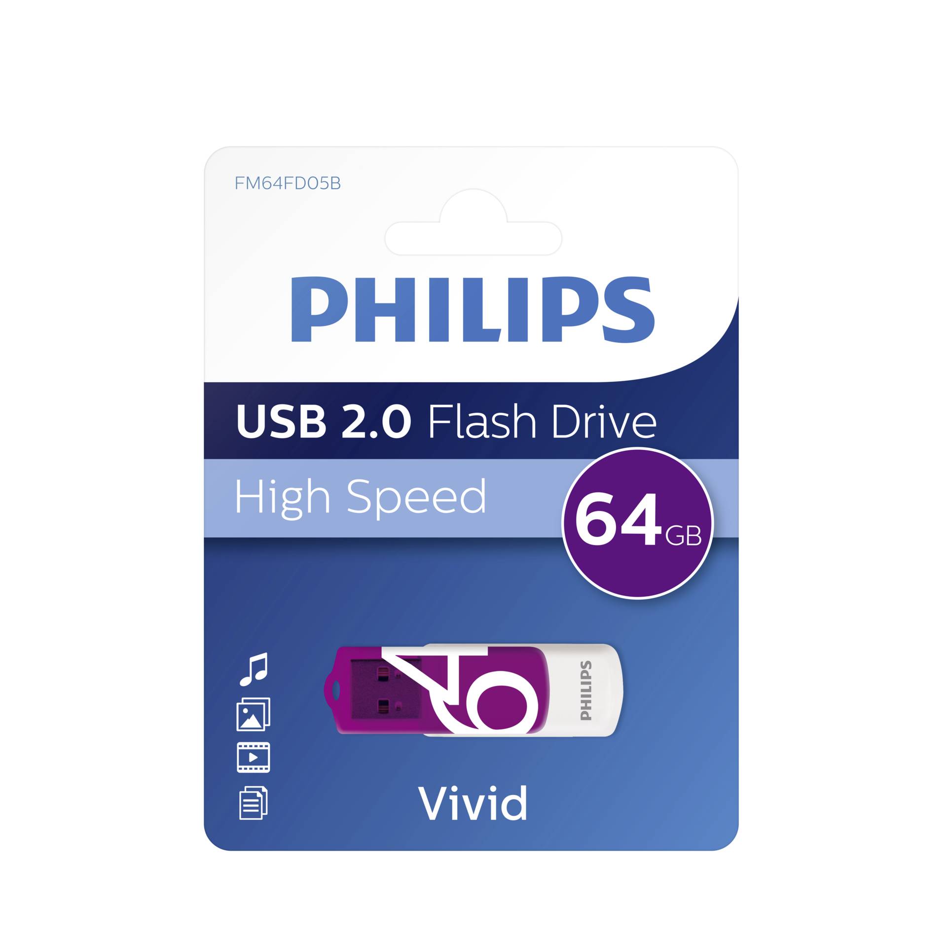Philips FM64FD05B USB Stick 64 GB USB Typ A 2 0 Violett  Weiss Speichermedien