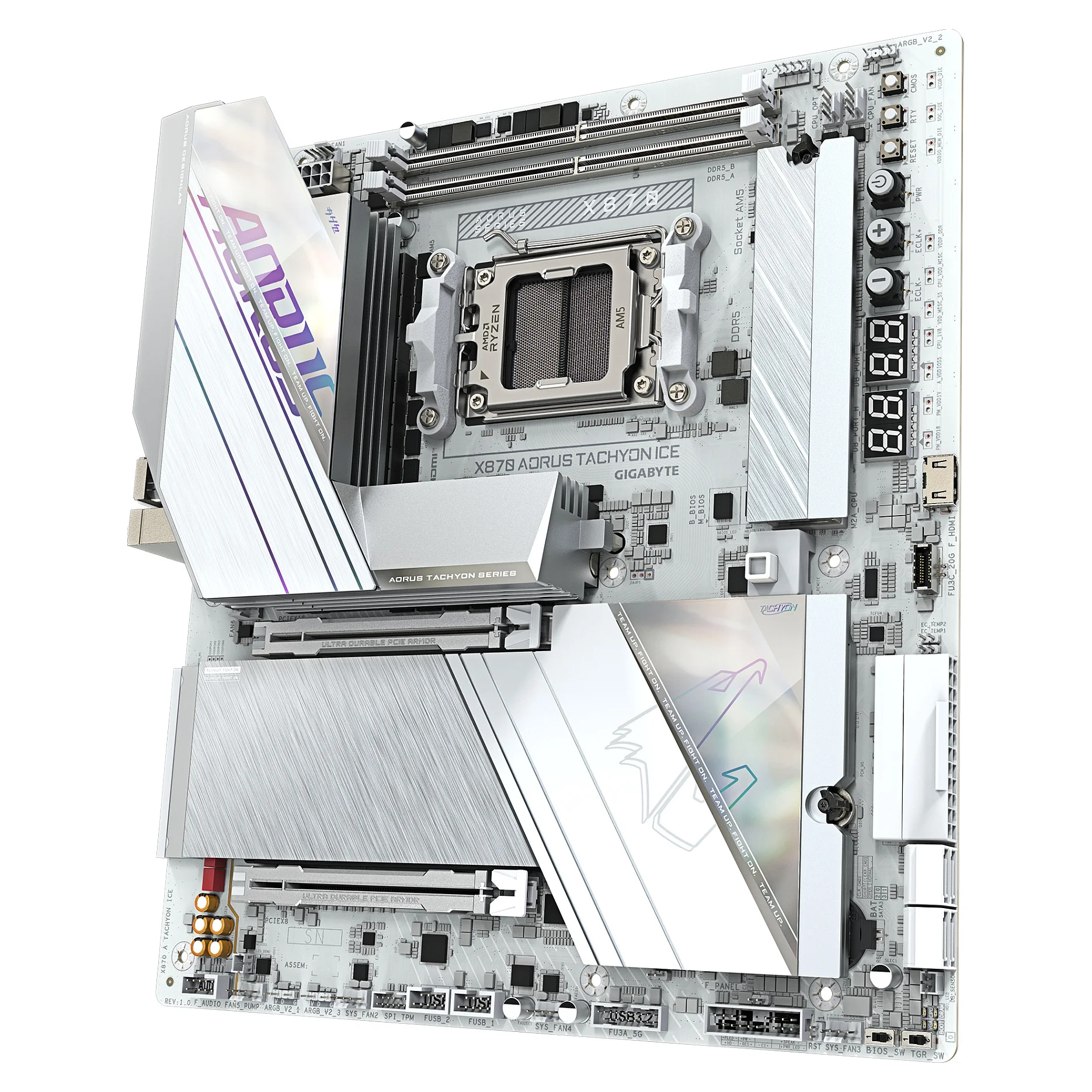 GIGABYTE X870 AORUS TACHYON ICE Mainboard   Unterstuetzt AMD Ryzen 9000 CPUs  digitale 18 2 2 Phasen VRM  bis zu 9600 MHz DDR5  OC   1 x PCIe 5 0   2 x PCIe 4 0  Wi Fi 7  5 GbE LAN  USB 4 PC-Komponenten