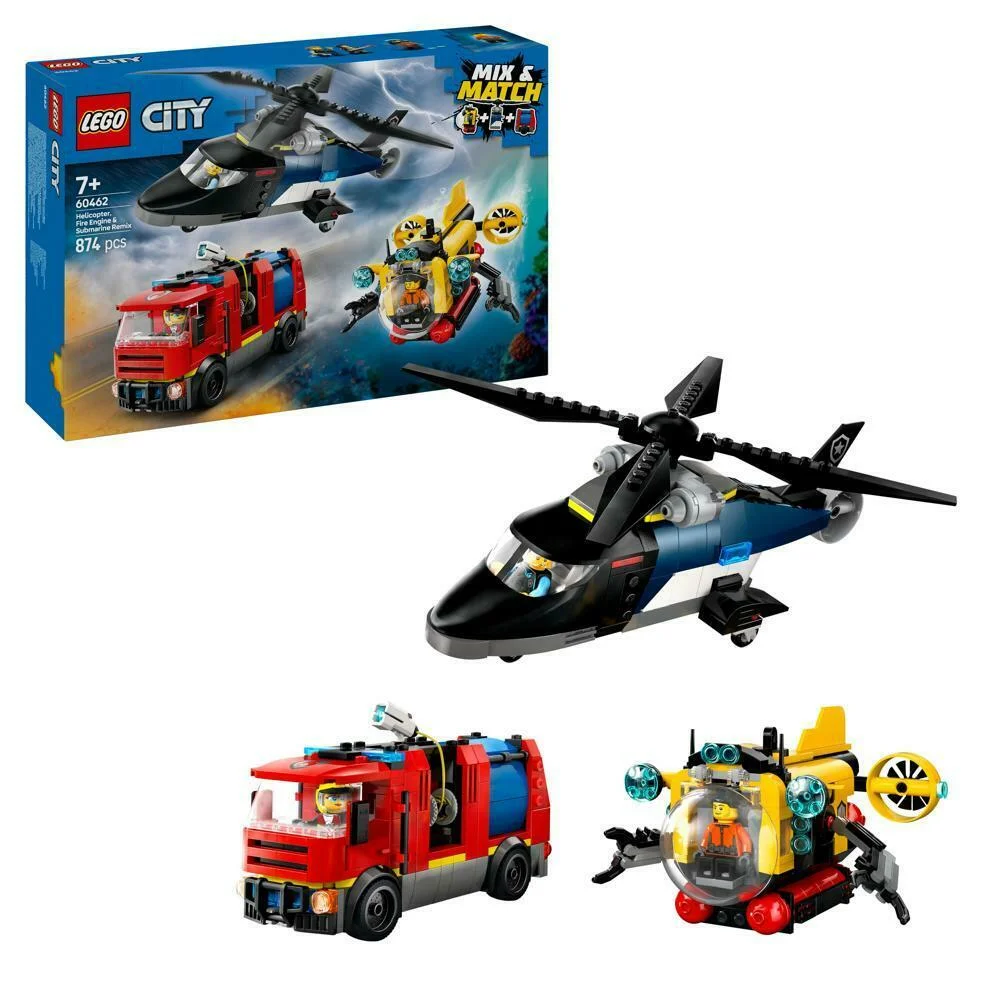 LEGO Bauspielzeug  Kombinationsset mit Hubschrauber  Loeschauto und U Boot City Wohnaccessoires