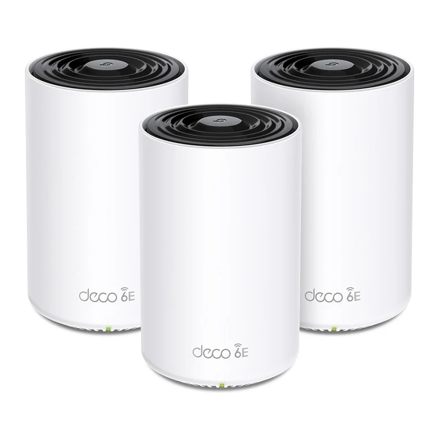 TP Link Deco XE75 Pro  3 pack  Tri Band  2 4 GHz 5 GHz 6 GHz  Wi Fi 6E  802 11ax  Weiss Intern Router