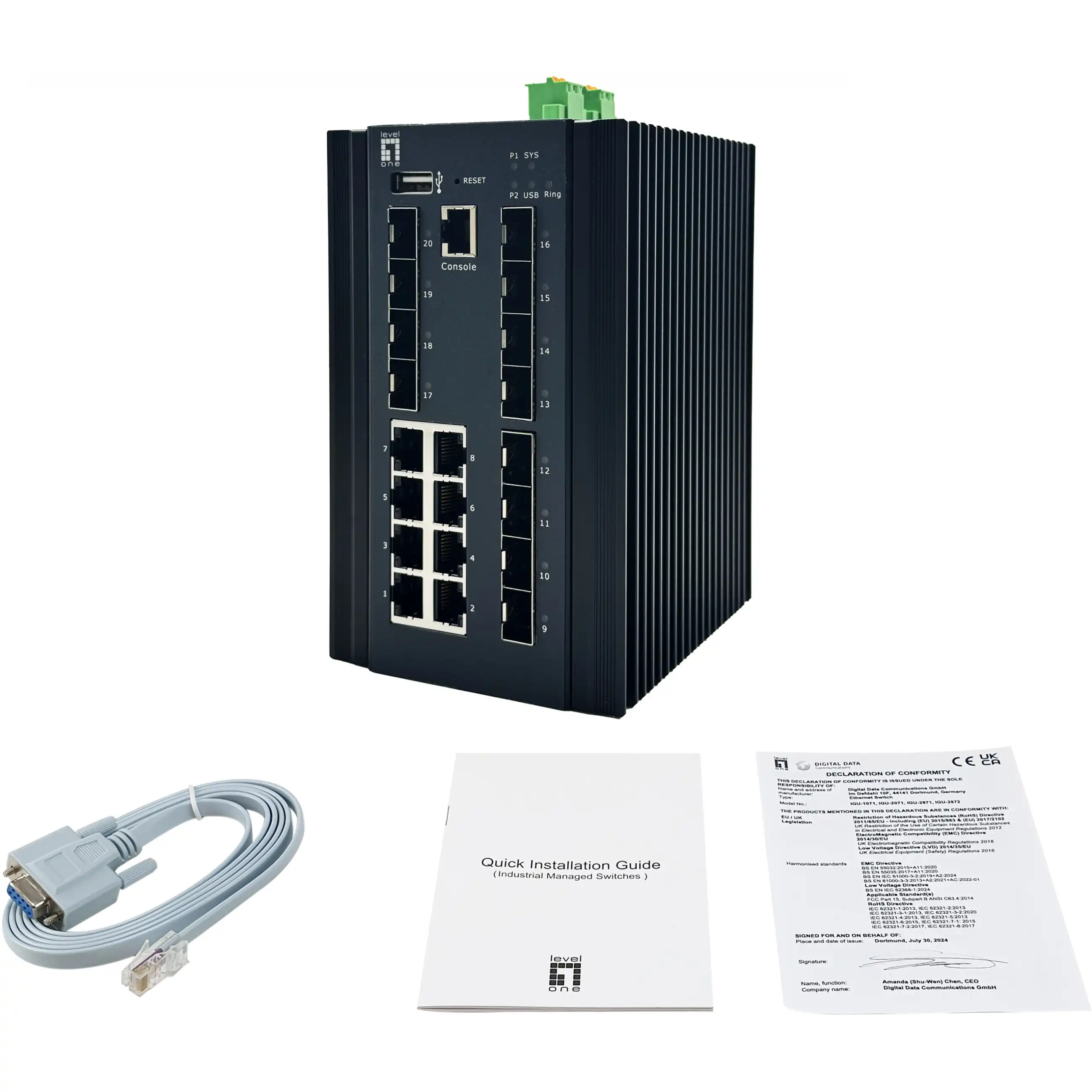 LevelOne 20 Port L2  Managed Gigabit Industrie Switch  8x 1GbE RJ45  8x 1GbE SFP  4x 1 2 5 10GbE SFP   DIN Schiene   40 C bis 80 C Switches