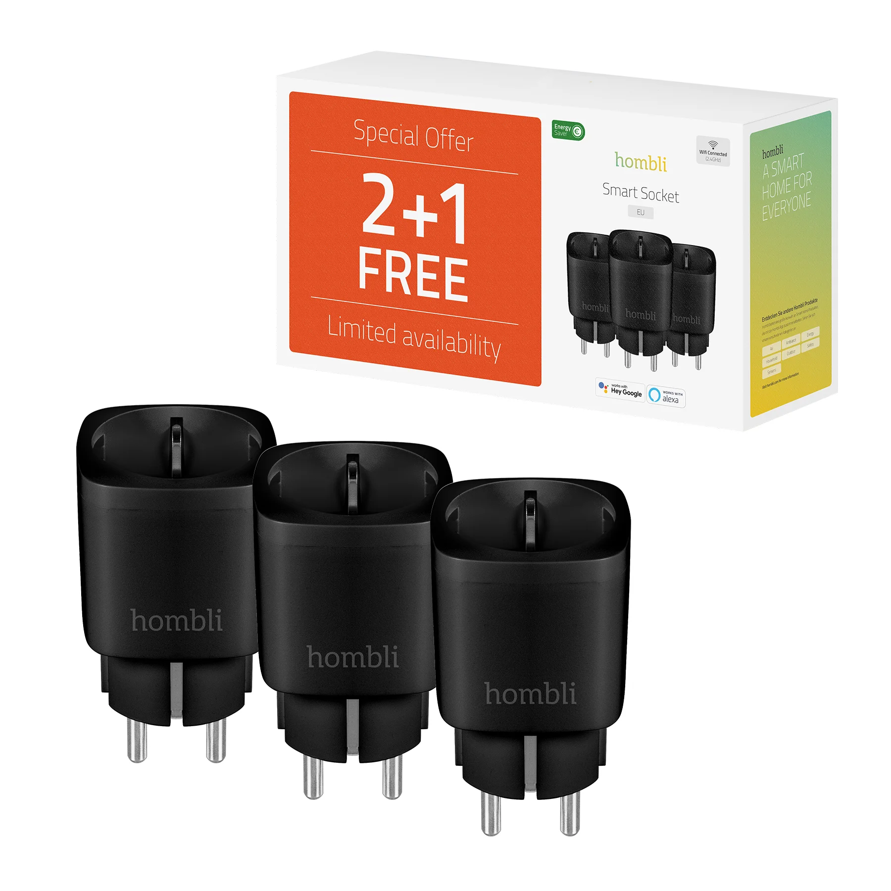 Hombli Smarte Steckdose EU 3er Set Schwarz WLAN App Steuerung Steckdosen