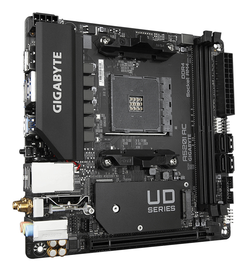 GIGABYTE A520I AC Motherboard   Unterstuetzt AMD Ryzen 5000 Series AM4 CPUs  6 Phasen Digital VRM  bis zu 5300MHz DDR4  OC   1xPCIe 3 0 M 2  WIFI  GbE LAN  USB 3 2 Gen1 PC-Zubehoer