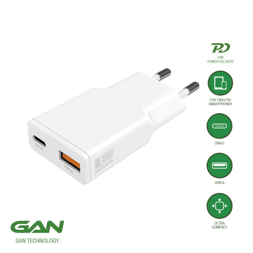 4SMARTS Netzladegeraet 30 Watt USB C A Duo Slim GaN 1C  weiss PC-Zubehoer