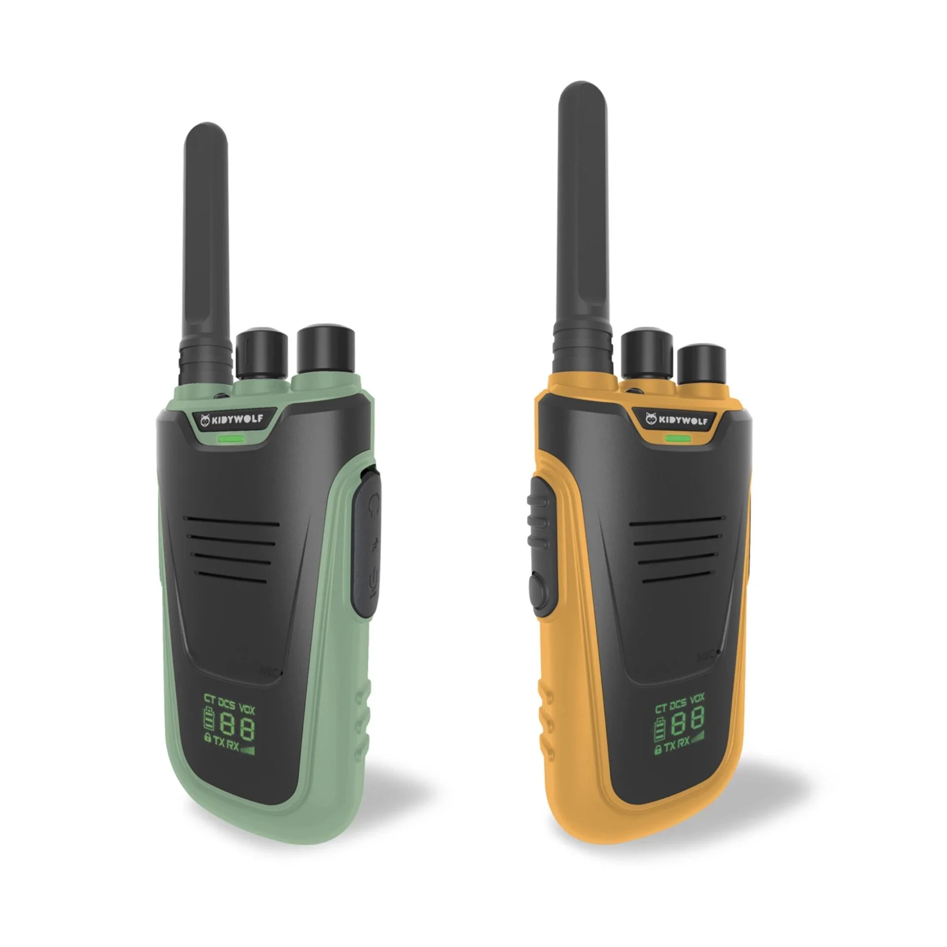 Kidywolf Walkie Talkies mit Taschenlampe gruen orange Akkus Powerbanks & Kabel