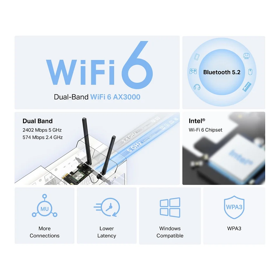 TP Link Mercusys MA80XE AX3000 Dual Band Wi Fi 6 PCI Express Adapter Netzwerk-Adapter / Netzwerk-Karten