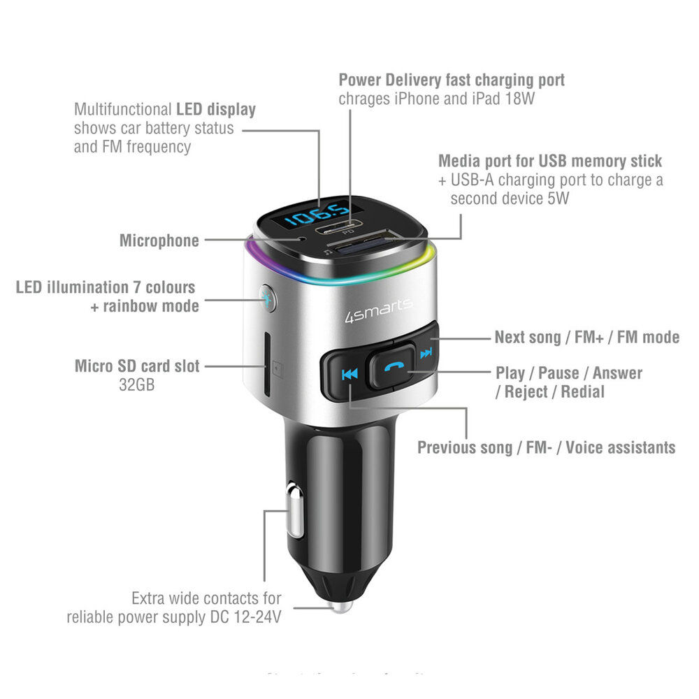 4SMARTS KFZ Bluetooth FM Transmitter mit Freisprechfunktion Handys & Tablets