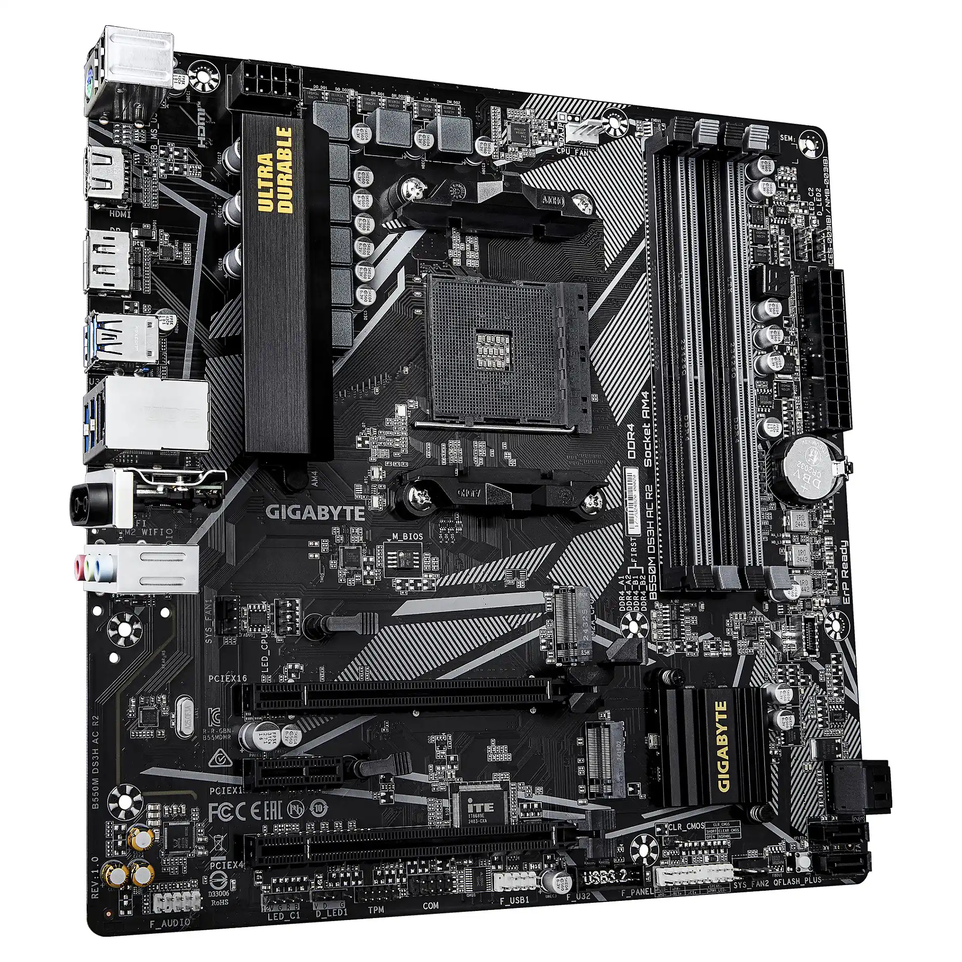 GIGABYTE B550M DS3H AC R2 Mainboard   AMD Ryzen 5000 Prozessoren  5 3 Phasen VRM  bis zu 4733 MHz DDR4  O C    1x PCIe 4 0   1x PCIe 3 0 M 2  Wi Fi 5  1 GbE LAN  USB 3 2 Gen 1 PC-Komponenten