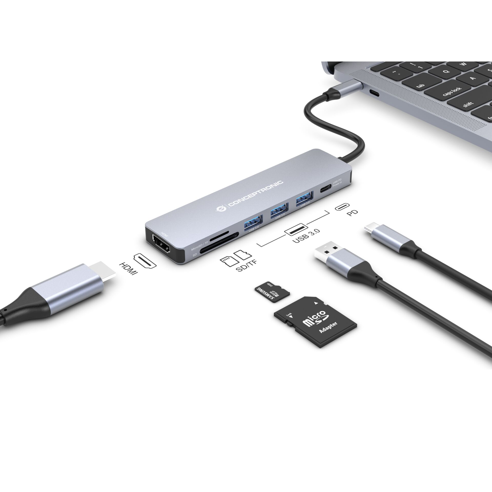 Conceptronic DONN19G 7 in 1 USB 3 2 Gen 1 Dockingstation  HDMI  USB A 3 0 x 3  SD  TF MicroSD  100W USB PD Akkus Powerbanks & Kabel
