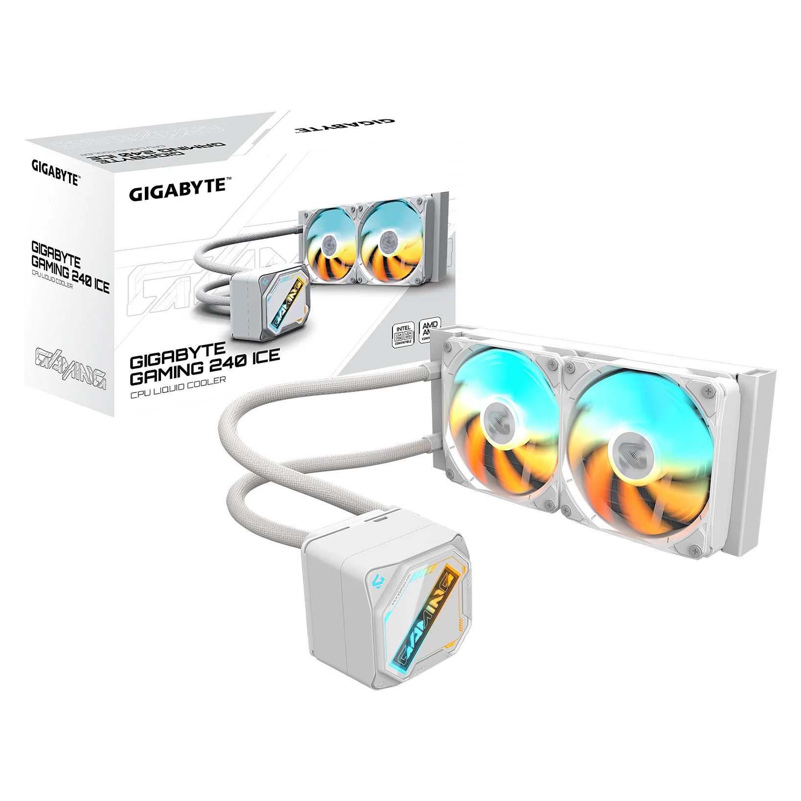 GIGABYTE GAMING 240 ICE Fluessigkeitskuehler fuer CPU   2x120mm ARGB Luefter  Schiebe Verriegelungsmechanismus  DAISY CHAIN  Kompatibel mit Intel LGA 1851 und AMD AM5 PC-Komponenten