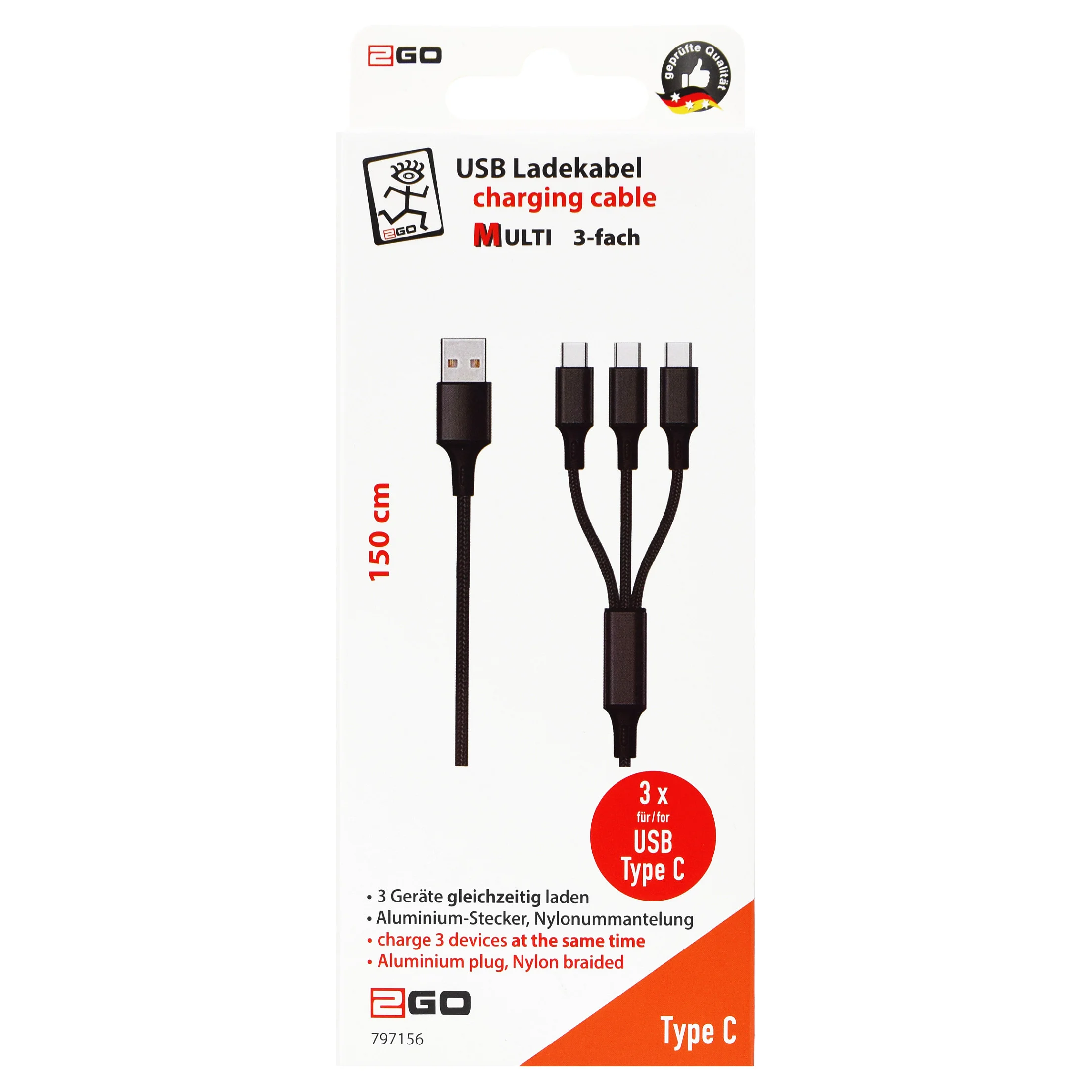 2GO 3in1 USB Ladekabel USB Type C Nylon 1 5m schwarz Notebook & Tablet Zubehoer