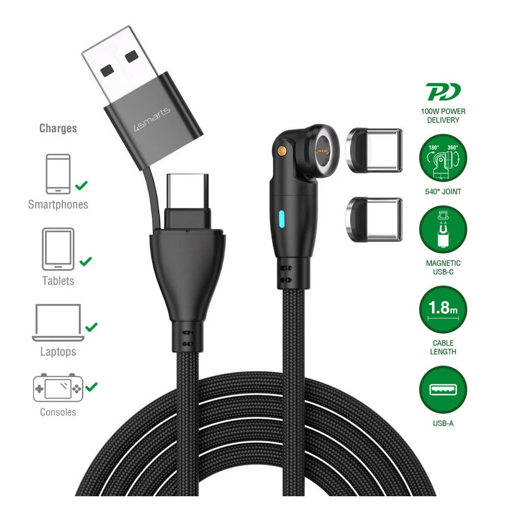 4SMARTS USB C A 540 Grad Magnetkabel GravityCord 100W 1 8m  schwarz PC-Zubehoer