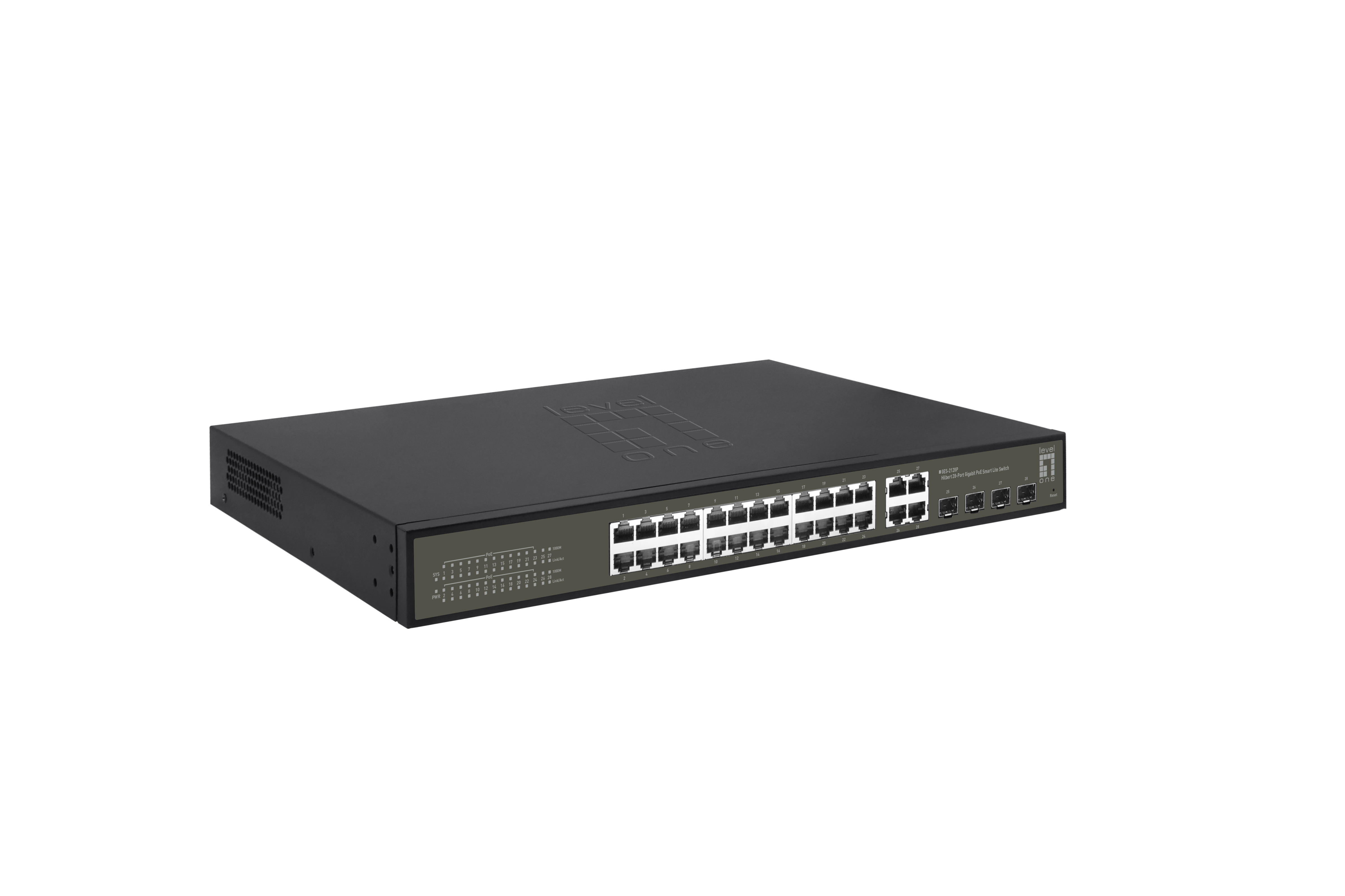LevelOne Hilbert 28 Port Gigabit PoE Smart Lite Switch  24 PoE Ausgaenge  4 x Gigabit SFP RJ45 Combo  802 3at af PoE  380W PoE Leistungsbudget Netzwerk