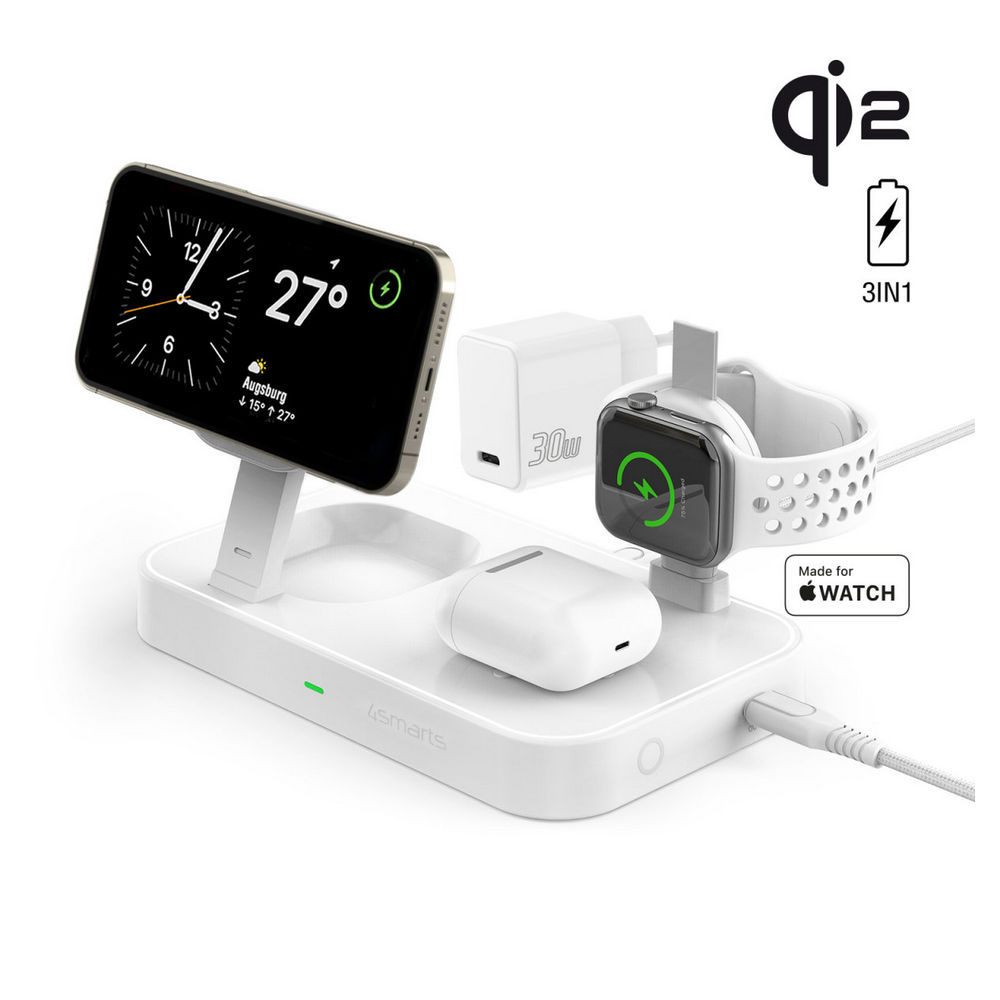 4SMARTS Ladestation Qi2Trident mit MFi Fast Charger fuer Apple Watch  weiss Akkus Powerbanks & Ladekabel