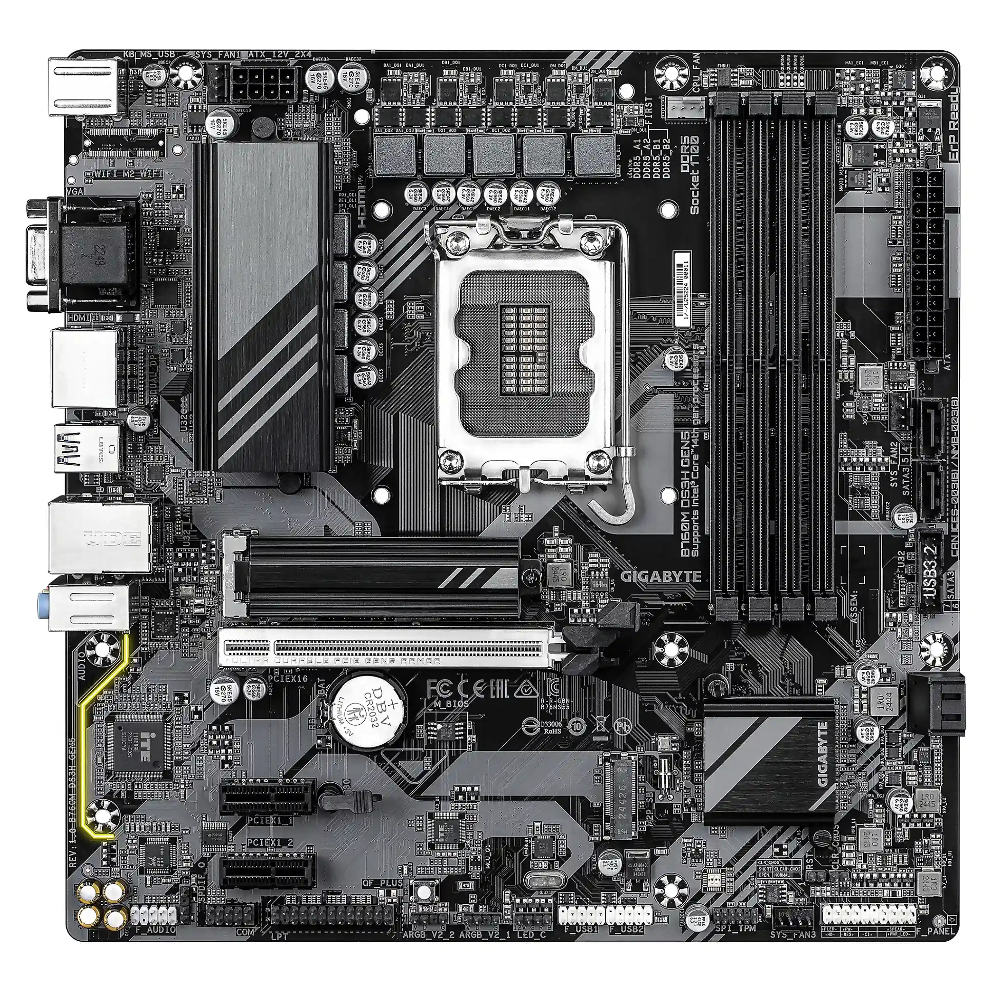 GIGABYTE B760M DS3H GEN5 Mainboard   Unterstuetzt Intel Core Prozessoren der 14  Generation  digitales VRM mit 6 2 1 Phasen  bis zu 5600 MHz DDR5  2 x PCIe 4 0 M 2  2 5GbE LAN  USB 3 2 Gen2 PC-Zubehoer