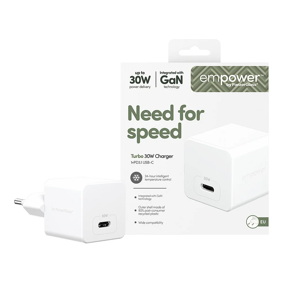 PanzerGlass empower  by   Turbo 30W Ladegaraet Single USB C   EU Anschluss   Silber Weiss Akkus Powerbanks & Kabel