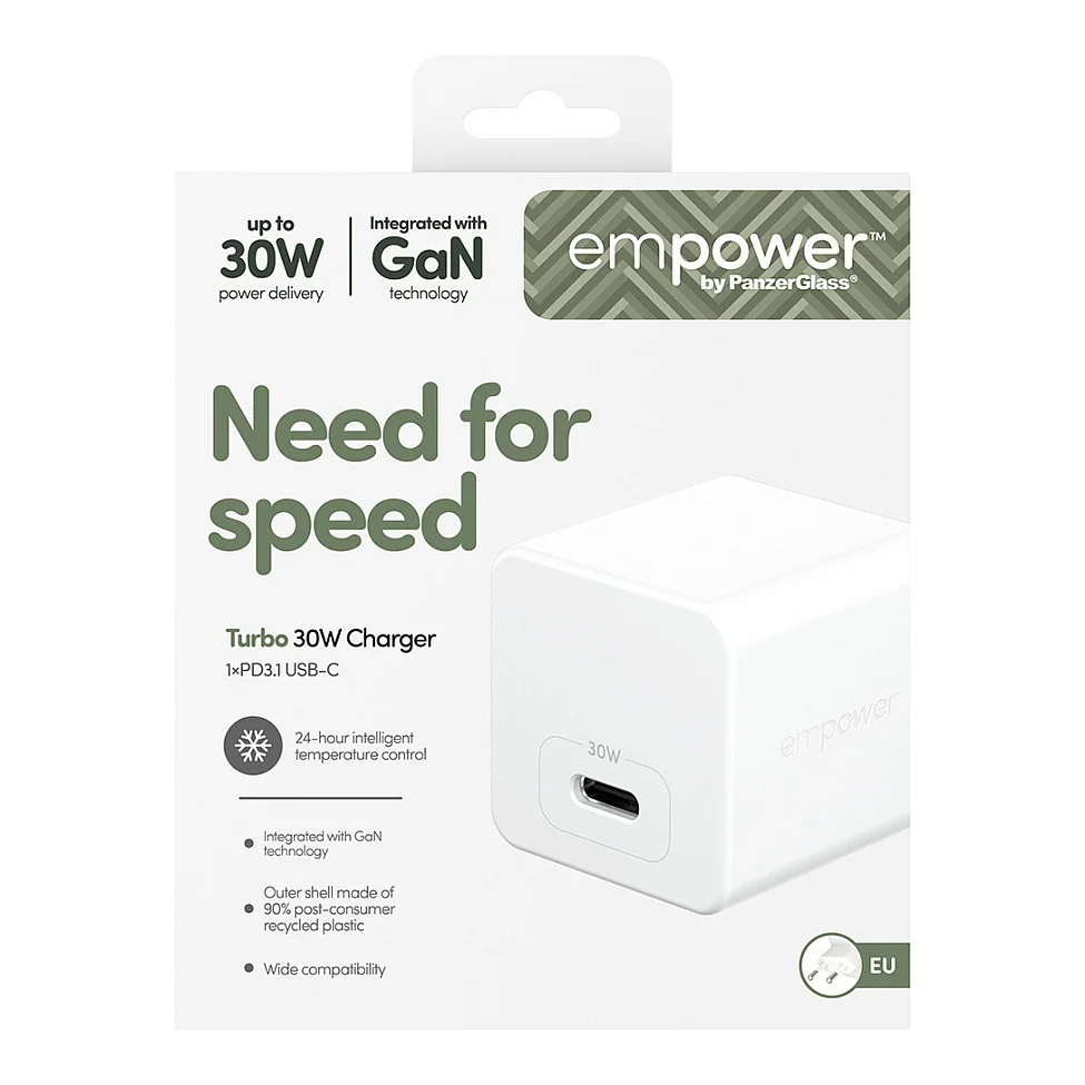 PanzerGlass empower  by   Turbo 30W Ladegaraet Single USB C   EU Anschluss   Silber Weiss Akkus Powerbanks & Kabel