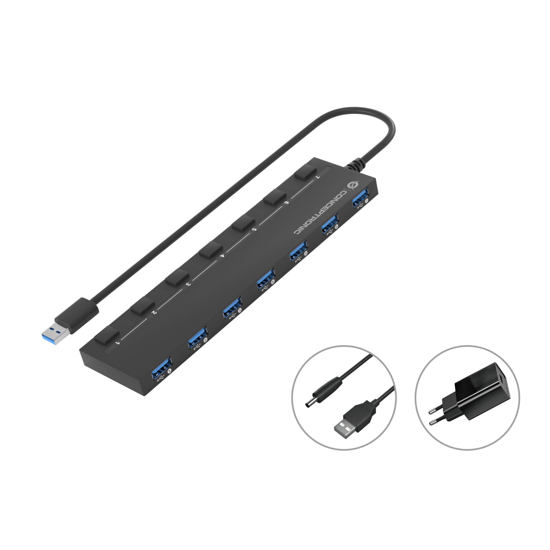 Conceptronic HUBBIES19BP 7 Port USB 3 0 Hub mit Netzteil  90 cm Kabel  einzelner Netzschalter  USB 3 2 Gen 1 Akkus Powerbanks & Kabel
