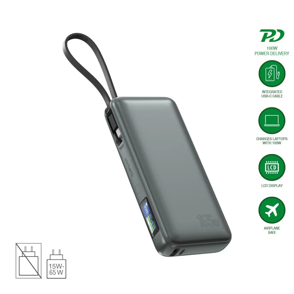 4SMARTS Powerbank Enterprise 20 000 mAh 165 Watt mit integriertem USB C Kabel Akkus Powerbanks & Kabel