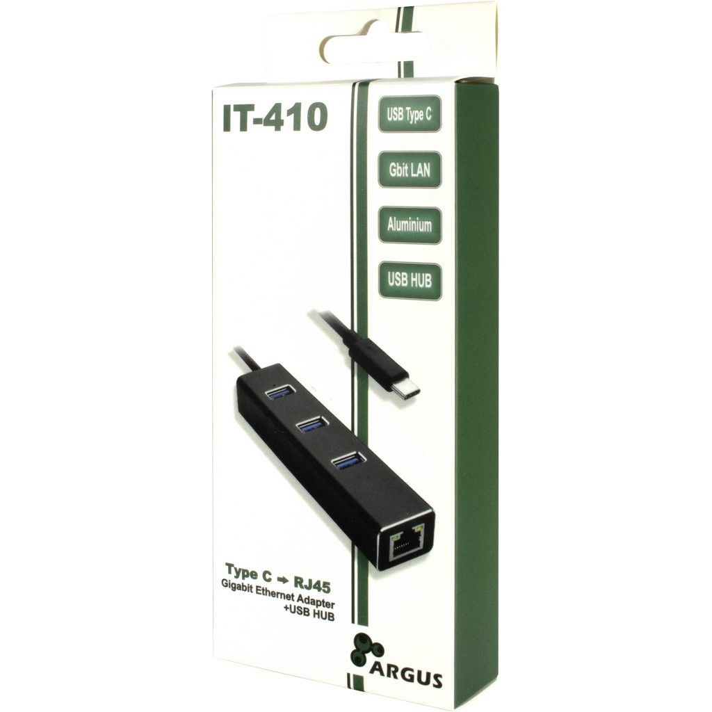 Inter Tech USB C HUB 3Port Argus IT 410 1x RJ45 Gigabit Lan passiv Black PC-Zubehoer