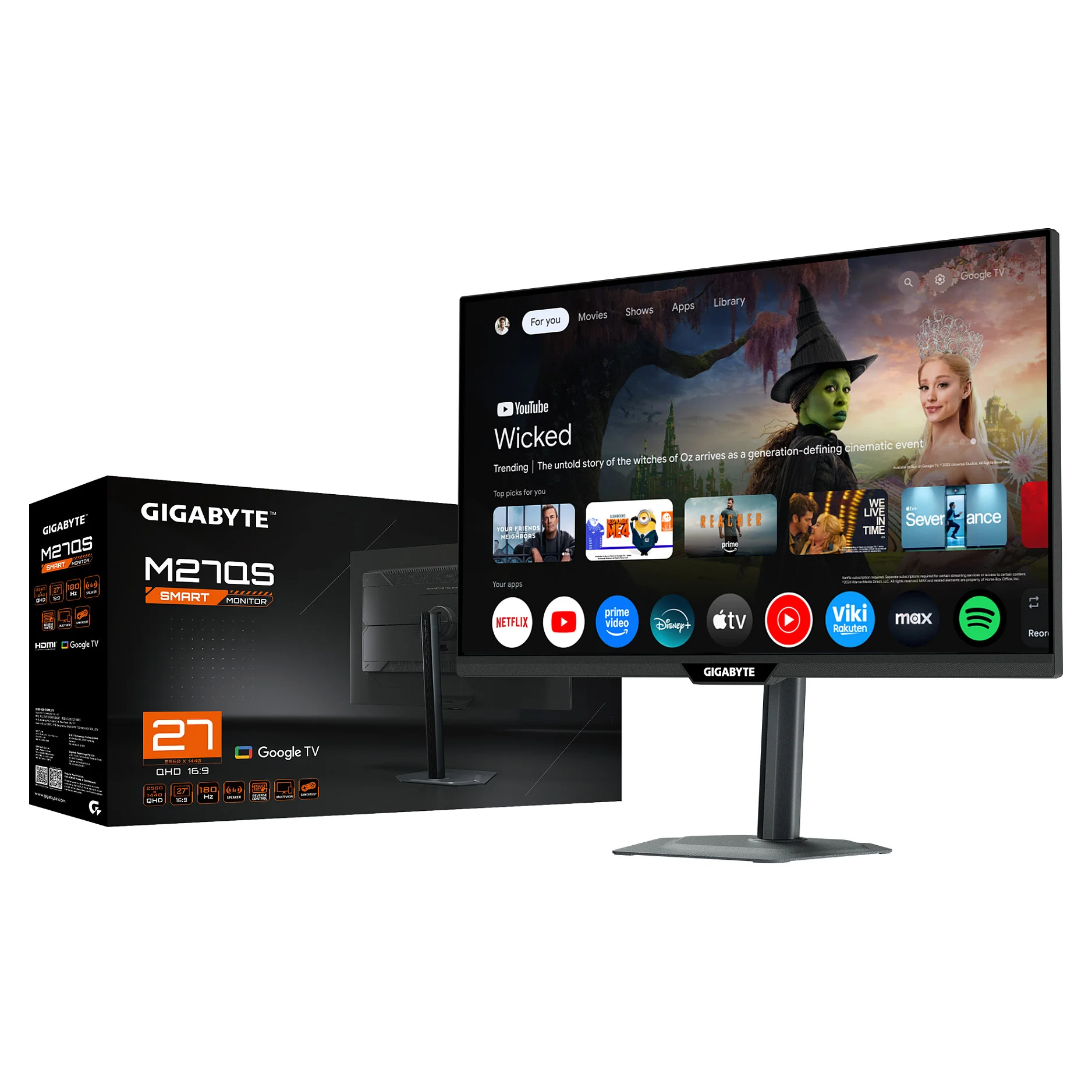 GIGABYTE M27QS 27  2K QHD Smart Monitor   Google TV  Drahtlose Anzeige  2560 x 1440  180Hz  1ms  350 cd m   FreeSync  Display HDR400  HDMI 2 0  DisplayPort 1 4 Monitore