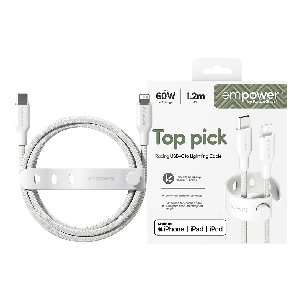 PanzerGlass empower  by   Racing 60W USB C to Lightning Kabel   USB 2 0   1 2M   Silber Weiss Akkus Powerbanks & Kabel
