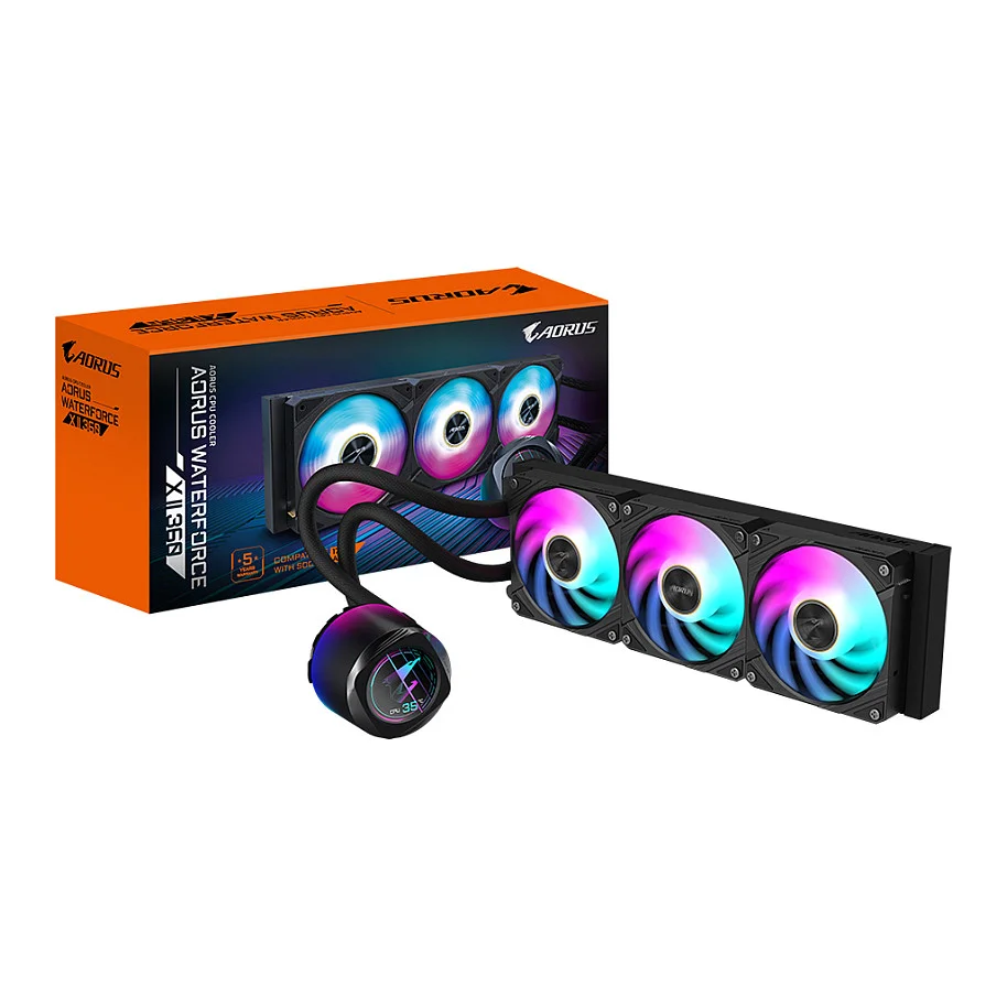 GIGABYTE AORUS WATERFORCE X II 360 AIO Fluessigkeits CPU Kuehler   3x120mm ARGB Luefter  Vollfarb LCD  DAISY CHAIN  kompatibel mit Intel LGA 1851 und AMD AM5 PC-Zubehoer
