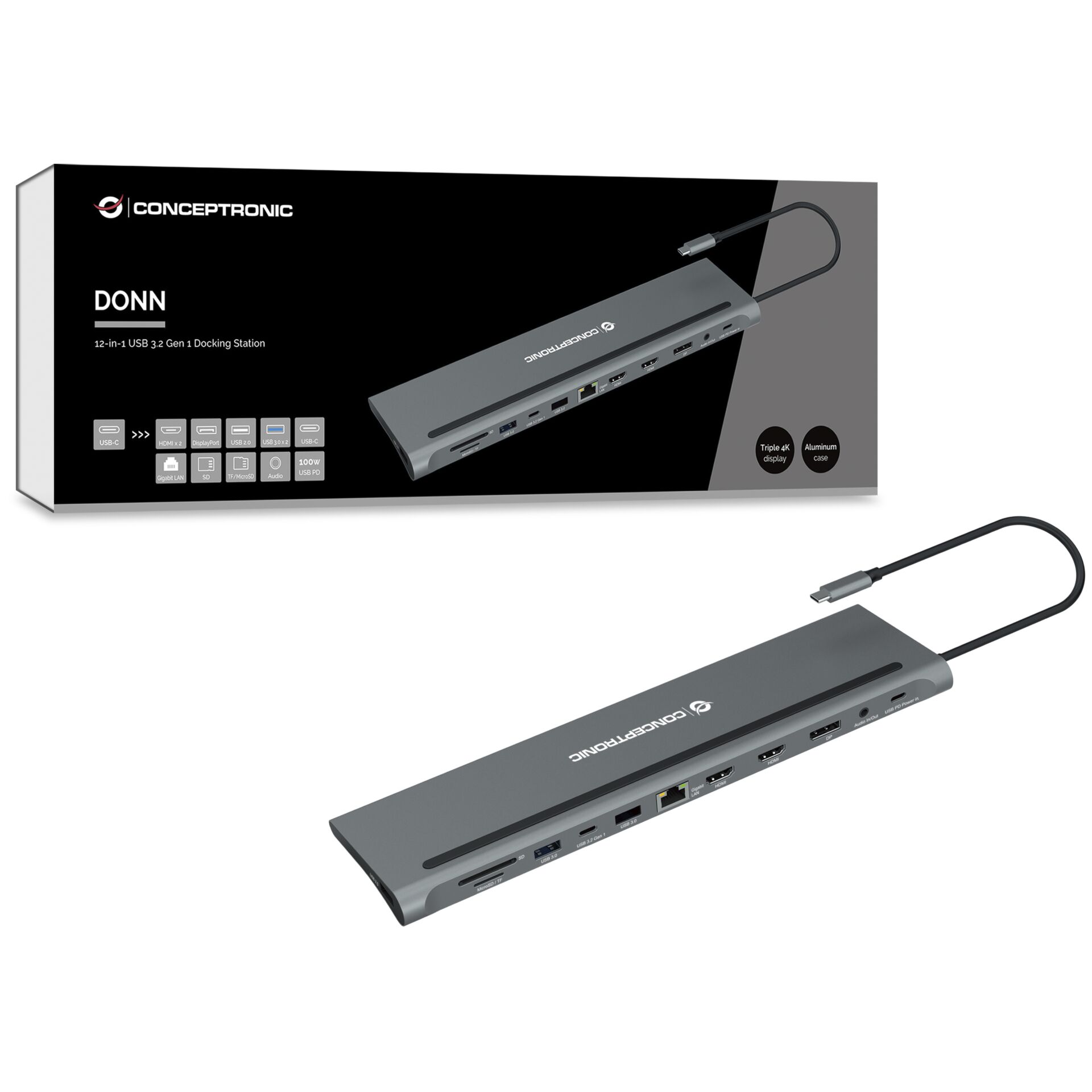 Conceptronic DONN17G laptop dockingstation   portreplikator Kabelgebunden USB 3 2 Gen 1  3 1 Gen 1  Type C Grau Akkus Powerbanks & Kabel
