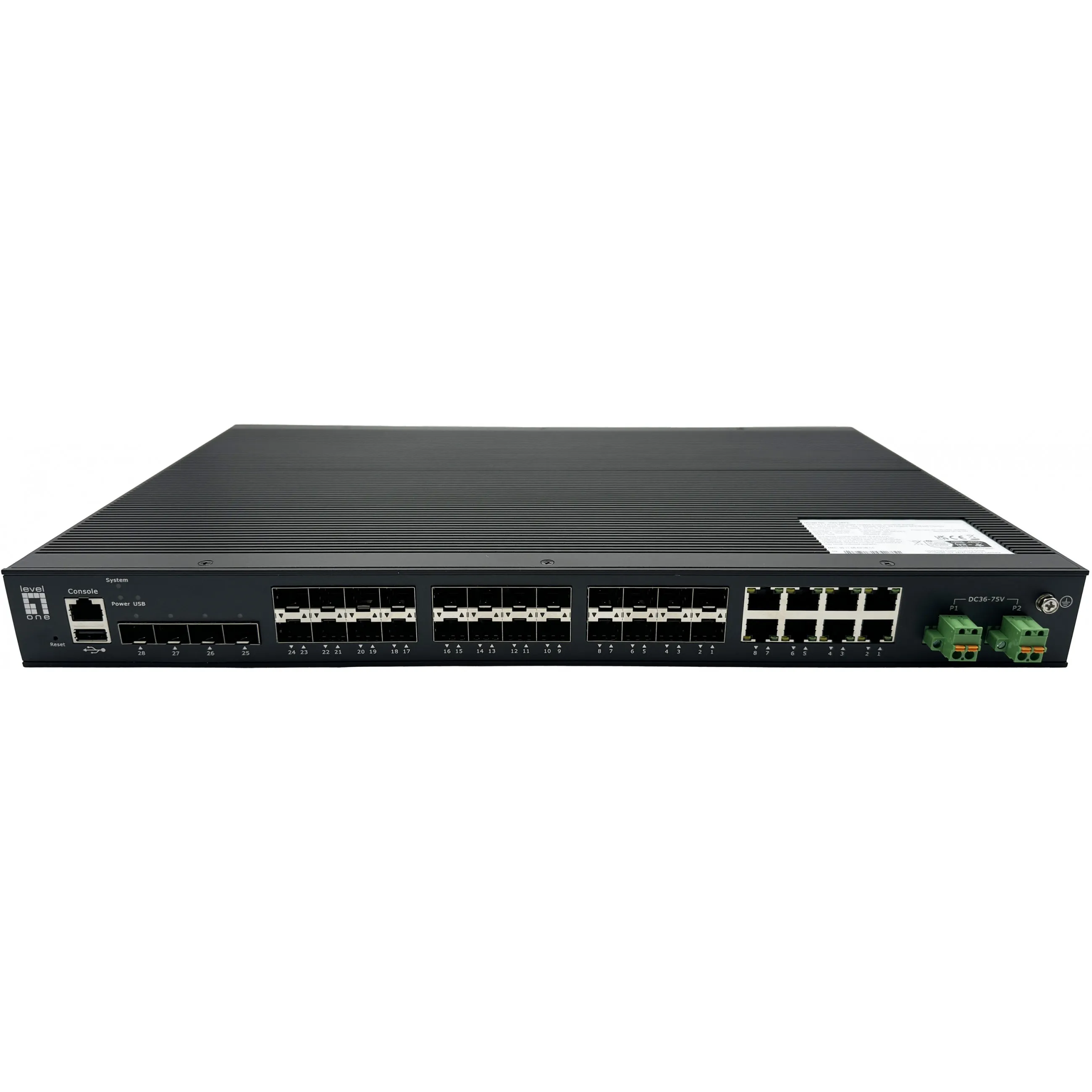 LevelOne 28 Port Managed Gigabit Industrial Glasfaser Switch der L2 Plus Klasse mit 16 SFP Anschluessen fuer 1 Gigabit s  Ist kompatibel mit 8 x Gigabit SFP RJ45 Combo und 4 x 1 2 5GbE SFP  Redundantes Netzteil   40 C bis 80 C Netzwerk