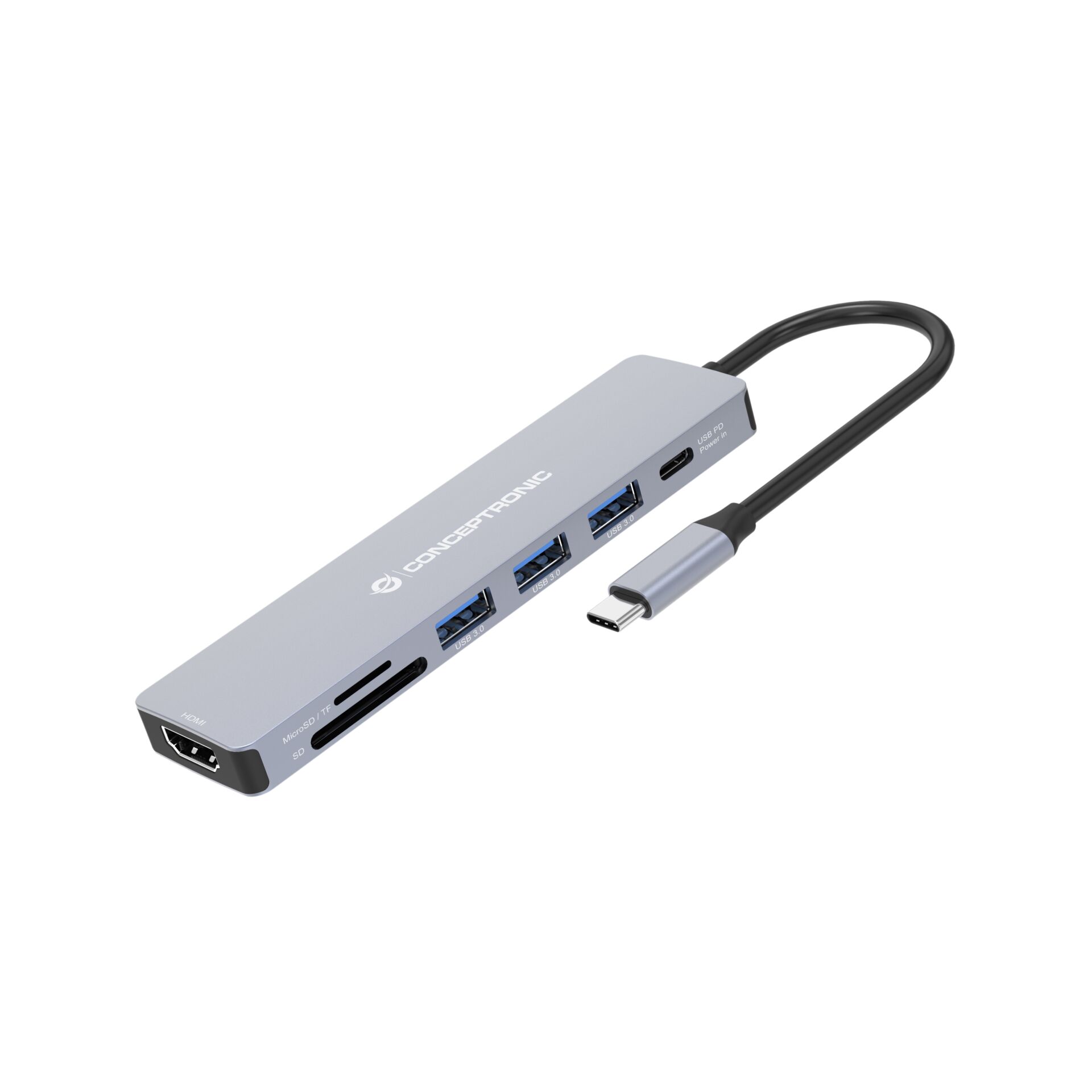 Conceptronic DONN19G 7 in 1 USB 3 2 Gen 1 Dockingstation  HDMI  USB A 3 0 x 3  SD  TF MicroSD  100W USB PD Akkus Powerbanks & Kabel