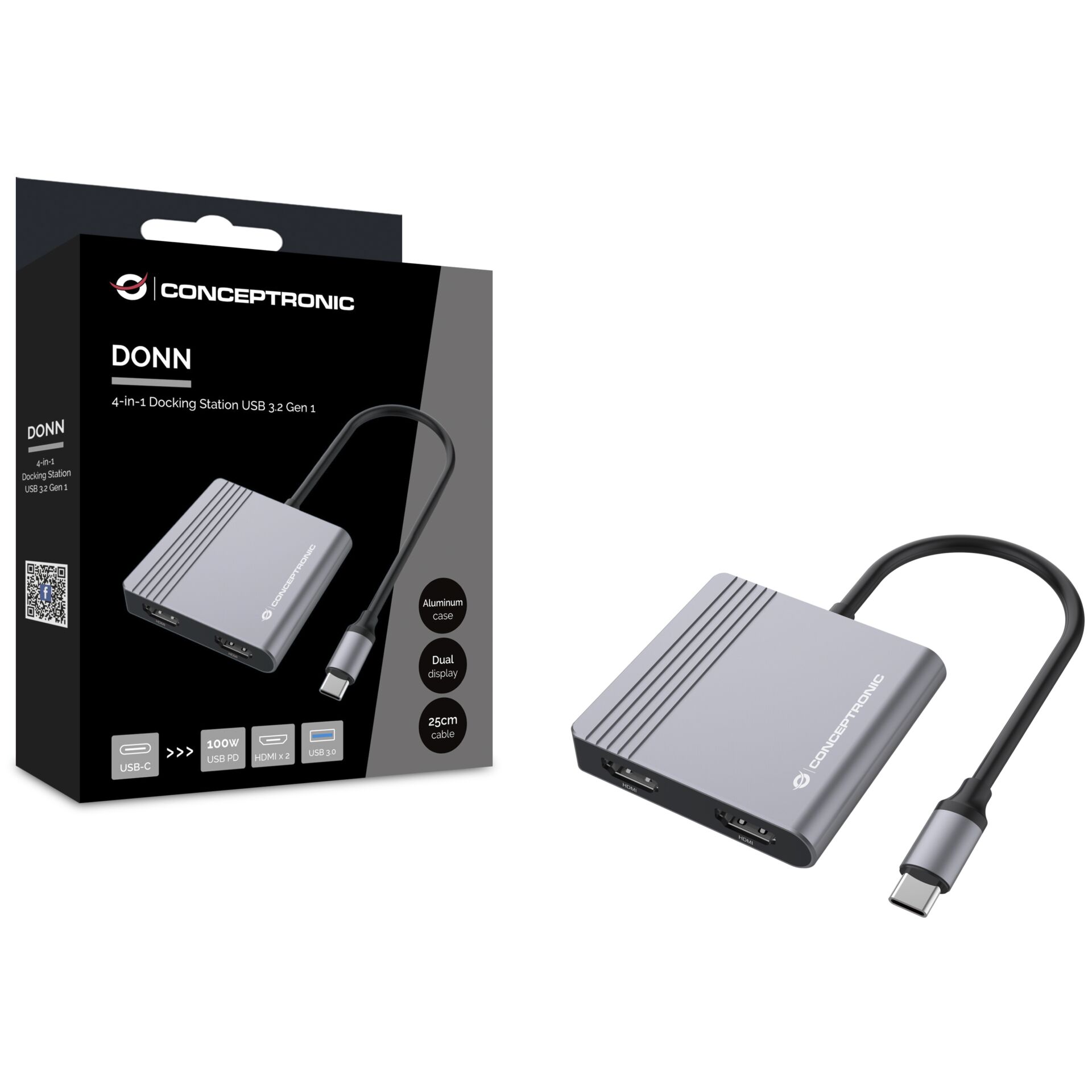 Conceptronic DONN13G laptop dockingstation   portreplikator Kabelgebunden USB 3 2 Gen 1  3 1 Gen 1  Type C Grau Akkus Powerbanks & Kabel