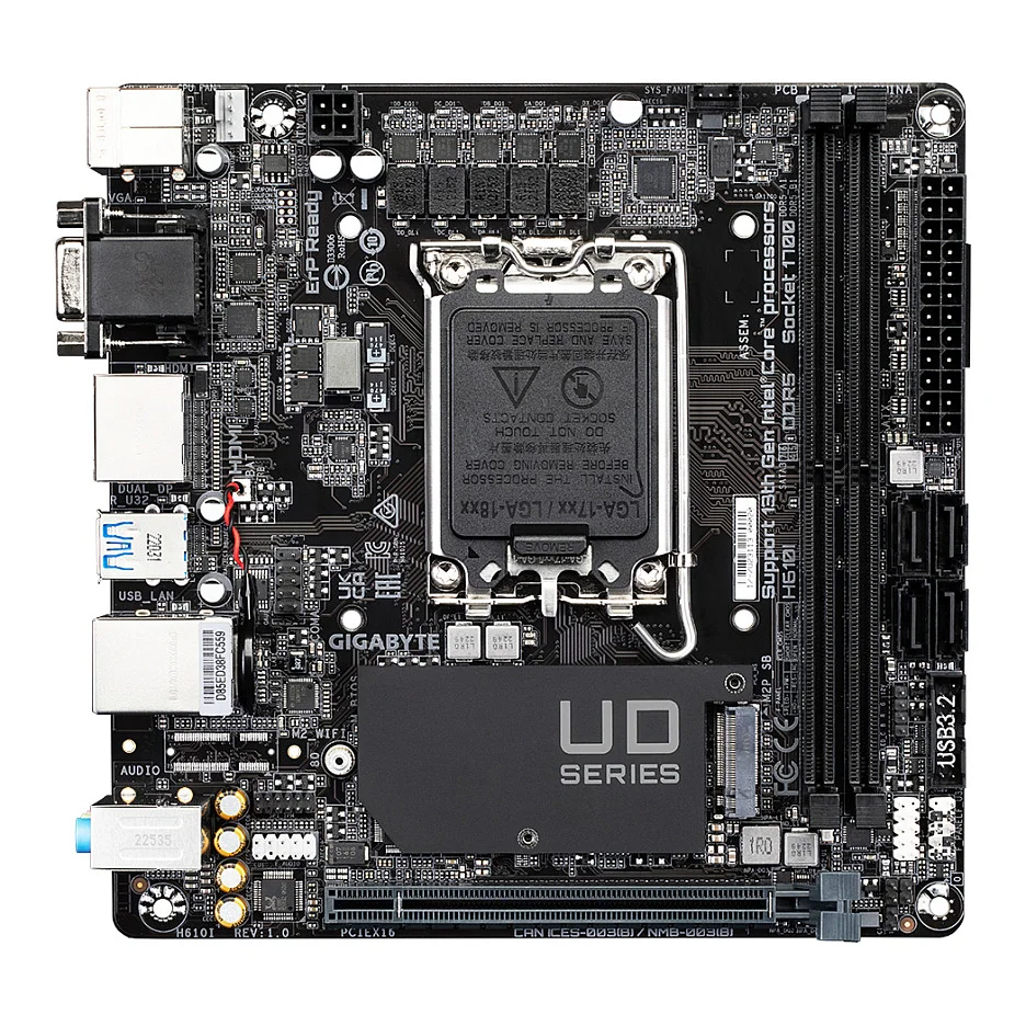 GIGABYTE H610I Motherboard   Unterst tzt Intel Core 14  Generation CPUs  4 1 1 Hybrid Digital VRM  bis zu 5600MHz DDR5  1xPCIe 3 0 M 2  GbE LAN  USB 3 2 Gen 1 PC-Komponenten