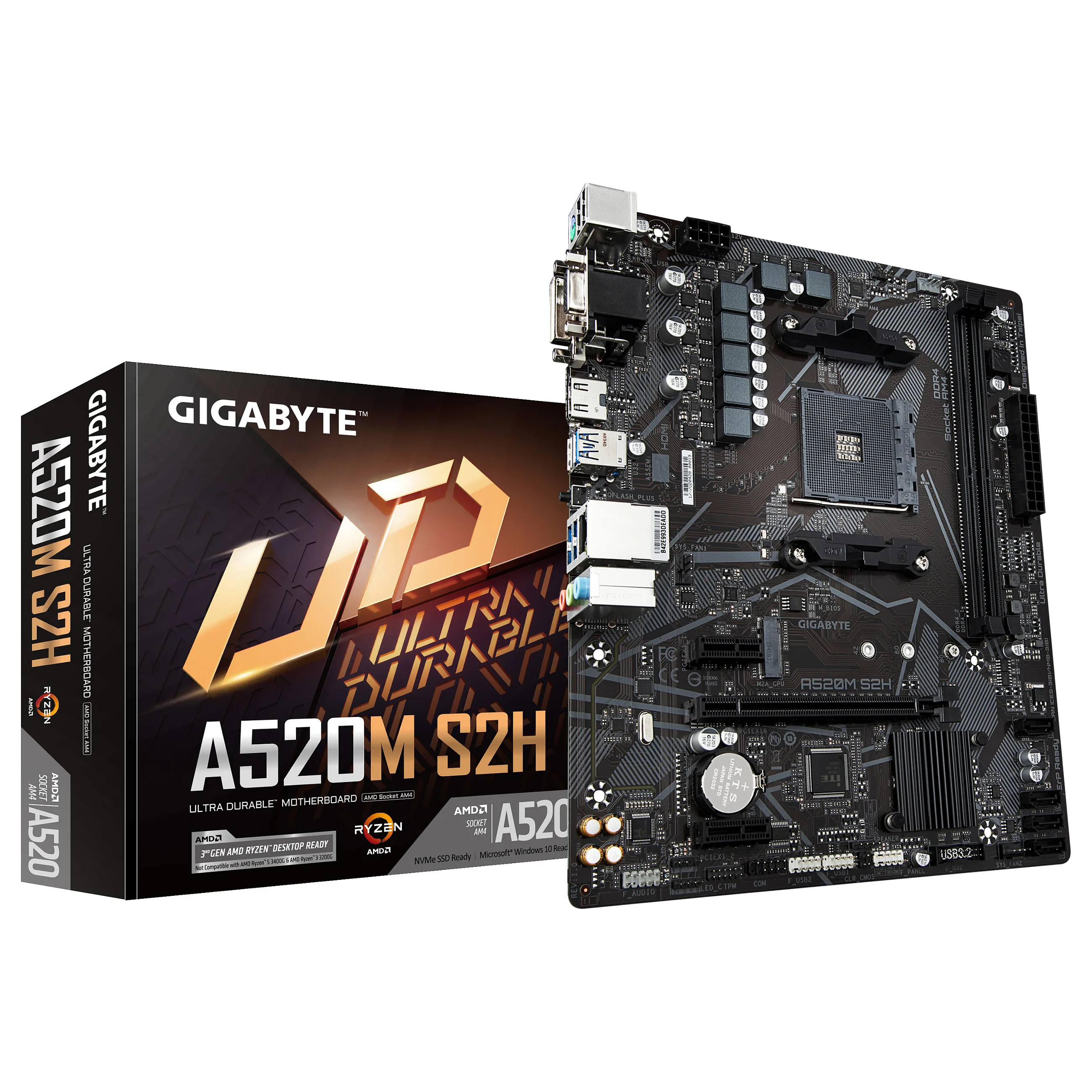 GIGABYTE A520M S2H Mainboard   Unterstuetzt AMD Ryzen 5000 Serie AM4 CPUs  4 3 Phasen reines digitales VRM  bis zu 5100MHz DDR4  OC   PCIe 3 0 x4 M 2  GbE LAN  USB 3 2 Gen 1 PC-Komponenten