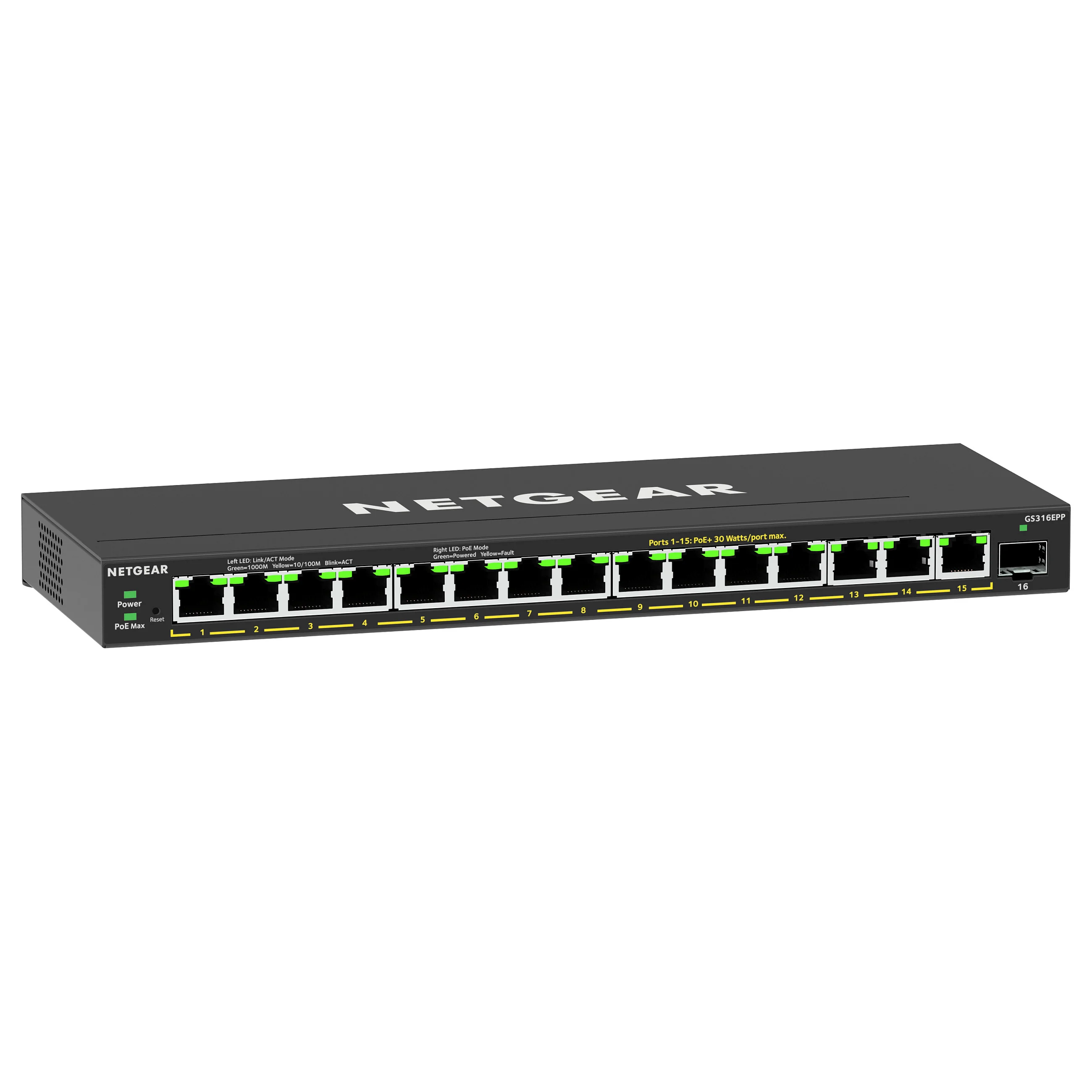 NETGEAR 16 Port High Power PoE  Gigabit Ethernet Plus Switch  231W  with 1 SFP port  GS316EPP  Managed Gigabit Ethernet  10 100 1000  Power over Ethernet  PoE  Schwarz Switches