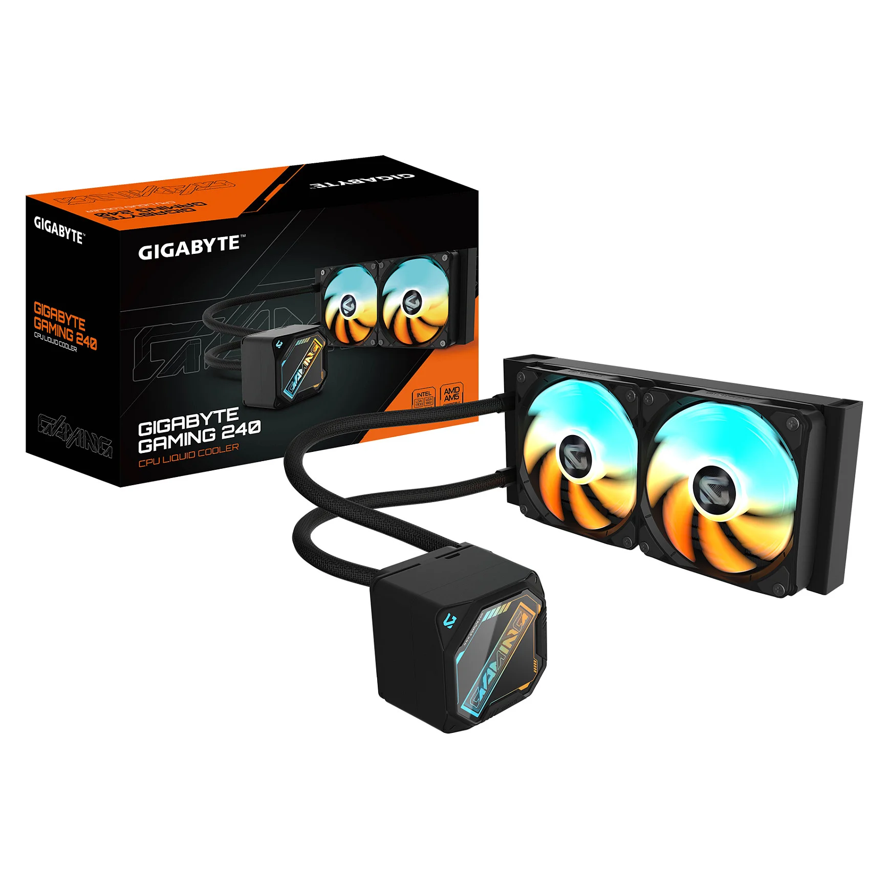 GIGABYTE GAMING 240 Fluessigkeitskuehler fuer CPU   2x120mm ARGB Luefter  Schiebe Verriegelungsmechanismus  DAISY CHAIN  Kompatibel mit Intel LGA 1851 und AMD AM5 PC-Komponenten